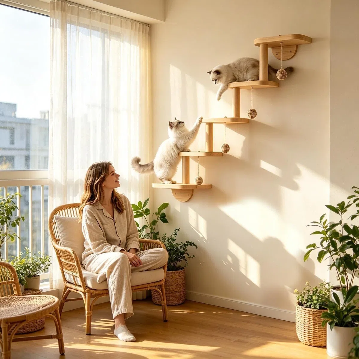 Escalera de Pared para Gatos, 5 Peldaños, Rascador de Sisal