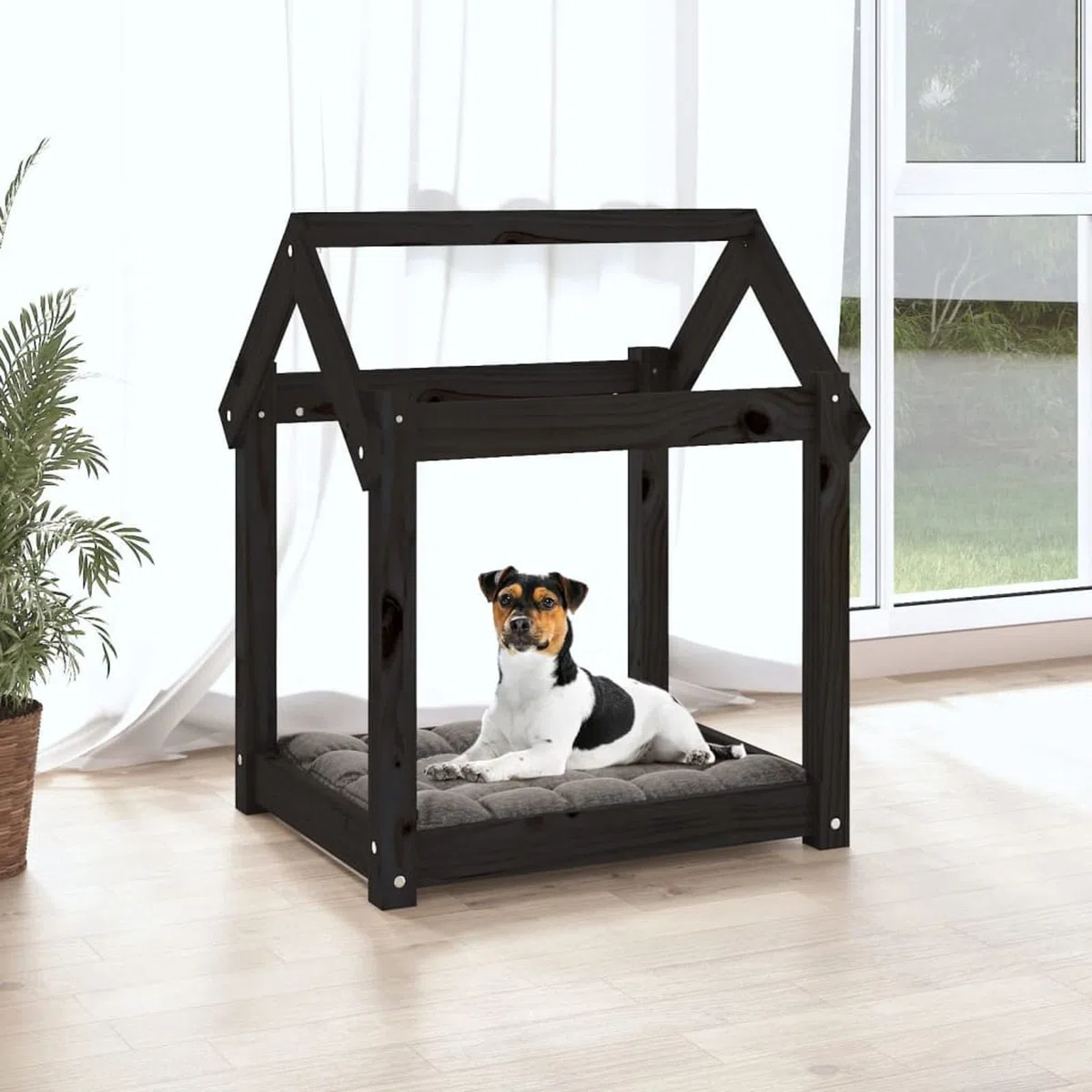 LAPOOH Cama para Perros Madera Maciza de Pino Negro 61x50x70 cm, Colchon Perro, Cuna Perro, Cama Mascota, Dog Bed, Cama para Perros Y Gatos