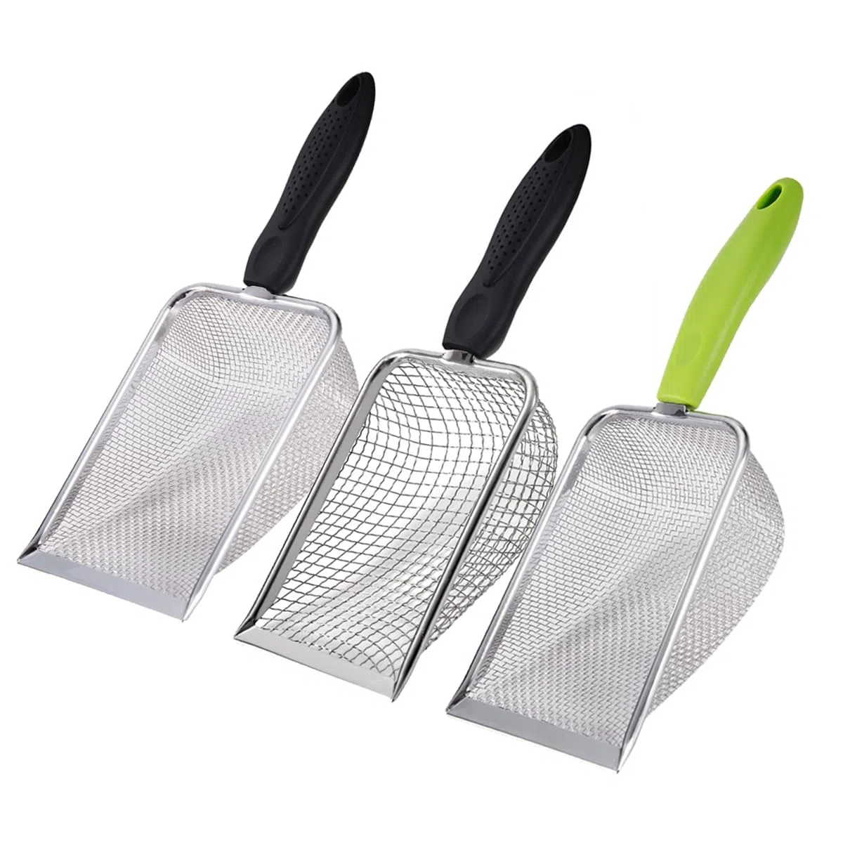 3 cucharas de arena de acero inoxidable para gatos, limpiador de arena de esquina, fácil de limpiar, pala de arena para gatos, pala de arena para terrarios de reptiles
