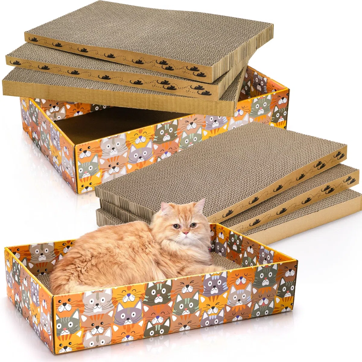 Pumtus Juego de 2 rascadores de cartón para gatos, 6 almohadillas corrugadas para gatos con 2 cajas, bonito sofá cama reversible para gatitos, salón recargable en forma de onda, juguete interactivo