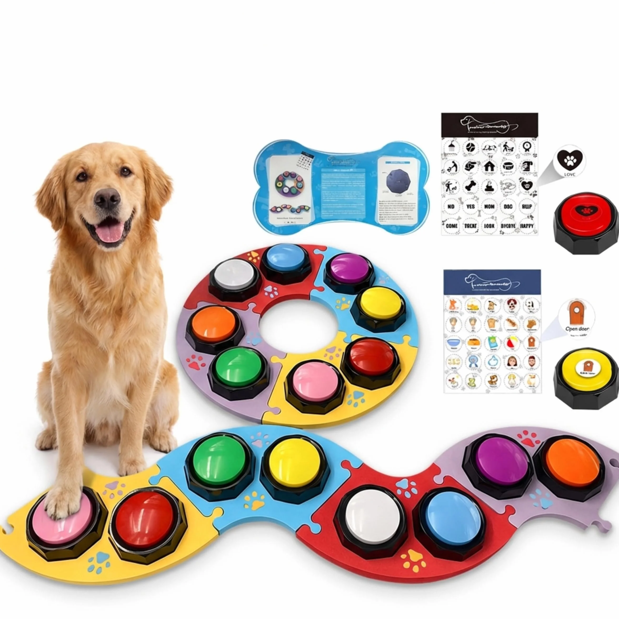 8 Botones para Perros, Botones para Mascotas, Botones para comunicación, Botones grabables, Incluye 4 Almohadillas, 50 Pegatinas, Juego de Entrenamiento para Perros