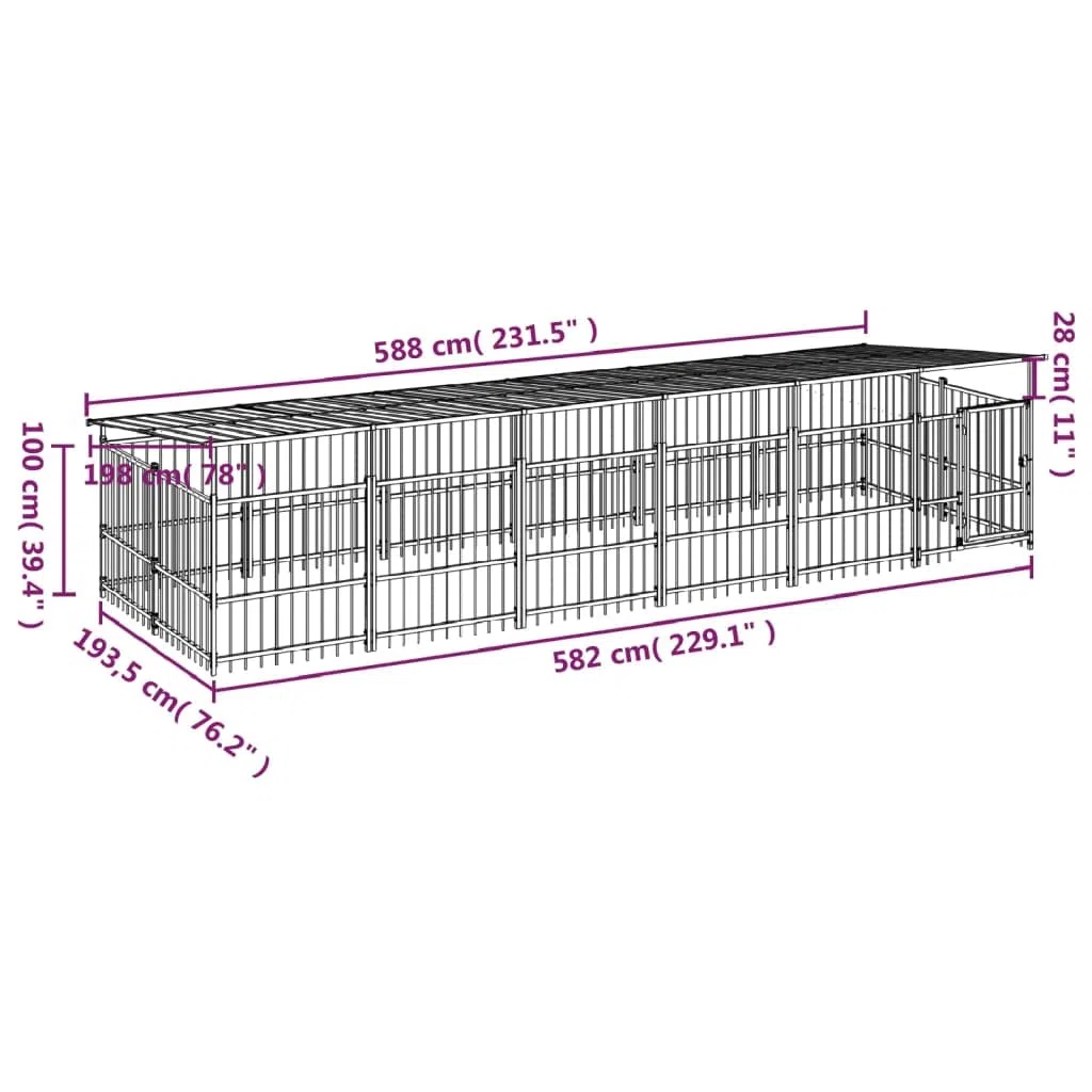 Perrera para perros de acero con recubrimiento en polvo con techo de 11,26 m², parque estable con rejilla, plegable, protección segura para cachorros y perros en el jardín, terraza, patio