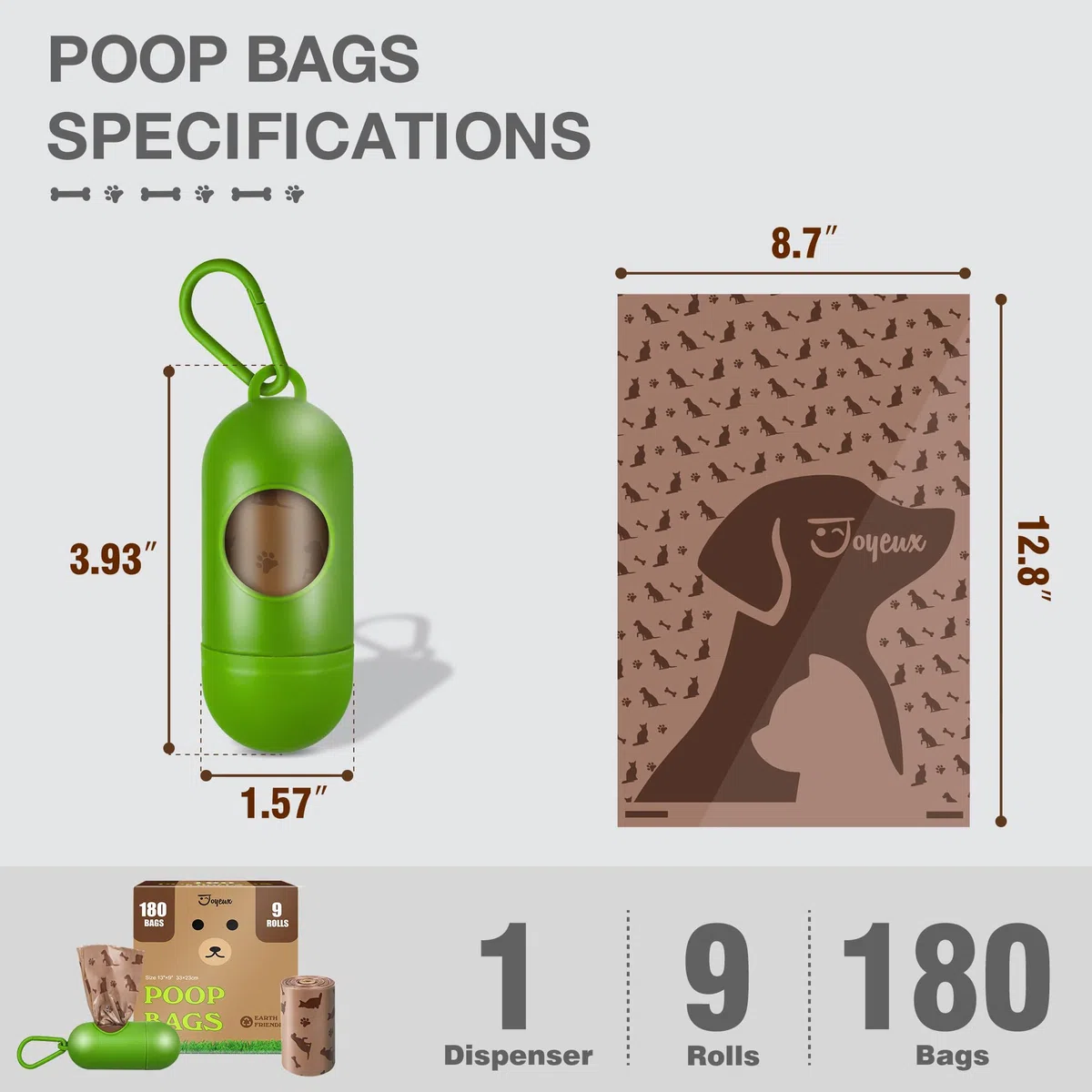 Rollos de bolsas para excrementos de perro con dispensador, 180 unidades a prueba de fugas, bolsa grande para excrementos, bolsas de basura extra gruesas para perros, sin perfume, soporte para bolsas
