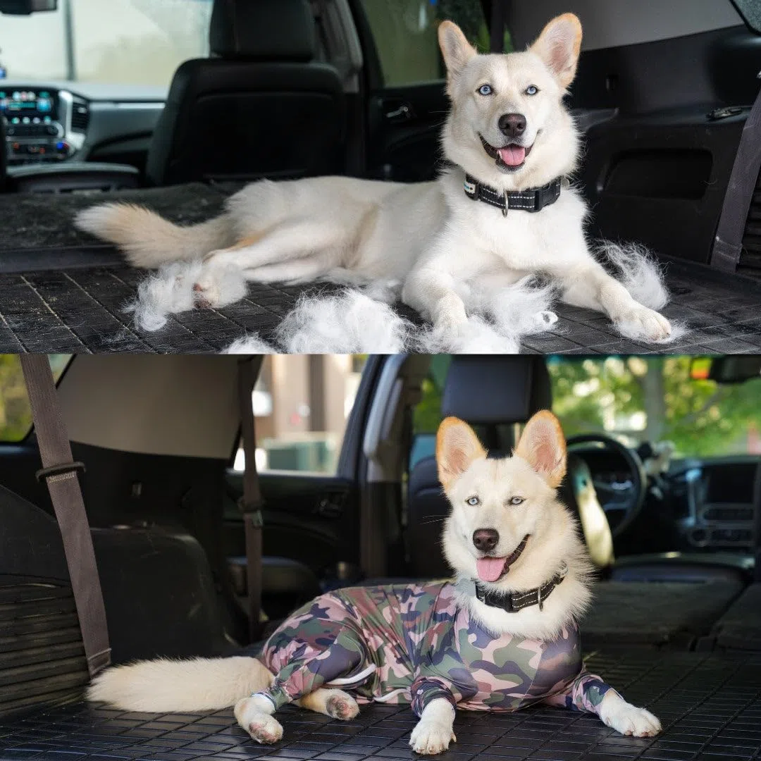 Shed Defender - Perro Onesie/estética - Contiene el derramamiento de Pelo de Perro, Reducir la ansiedad, Reemplazar Cono Médico (XXL (90-140 lbs.),Azul Real)