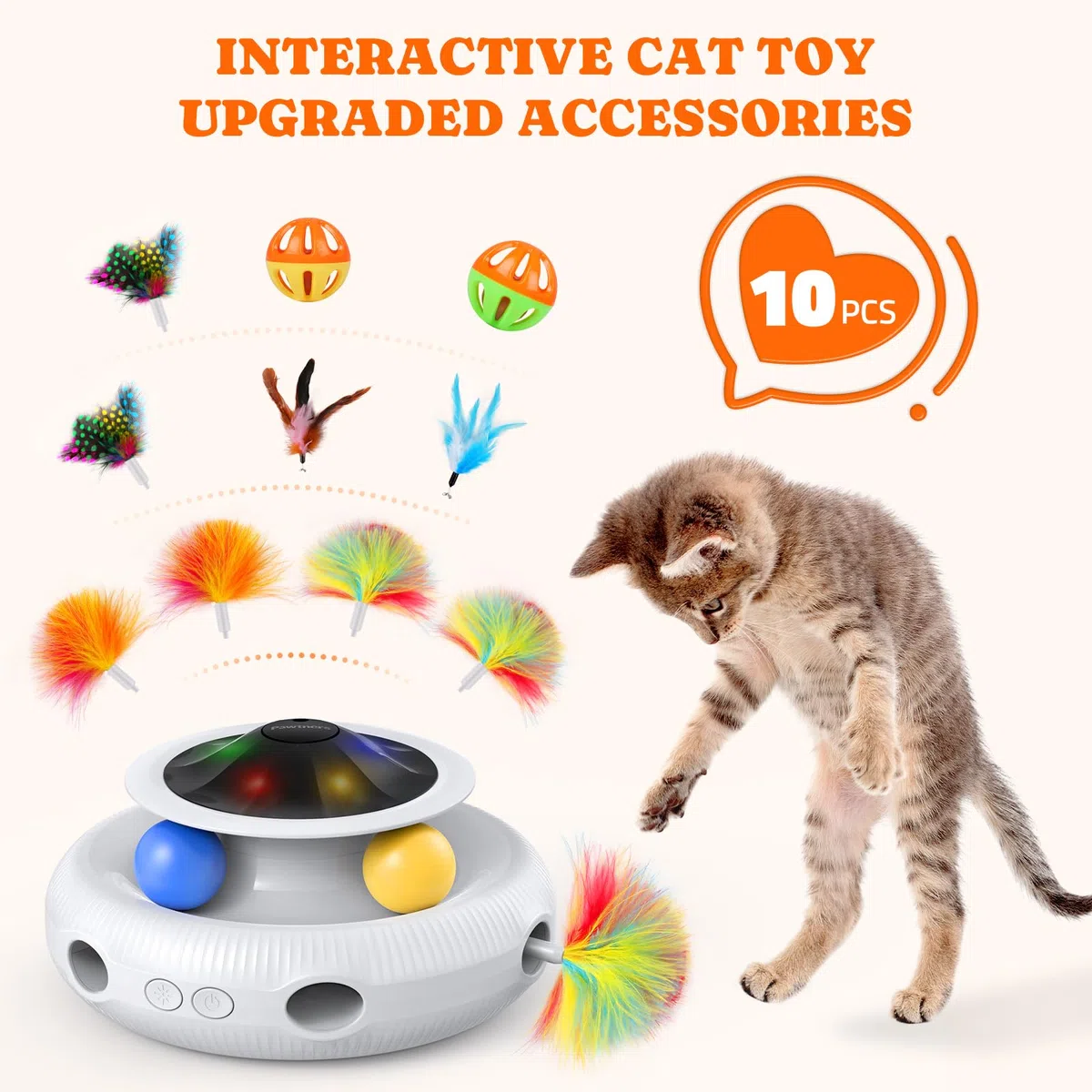 Pawtners Paquete de 10 repuestos de plumas de emboscada inferior para 3 en 1, juguete interactivo automático para gatos de interior, juguetes interactivos recargables para gatitos