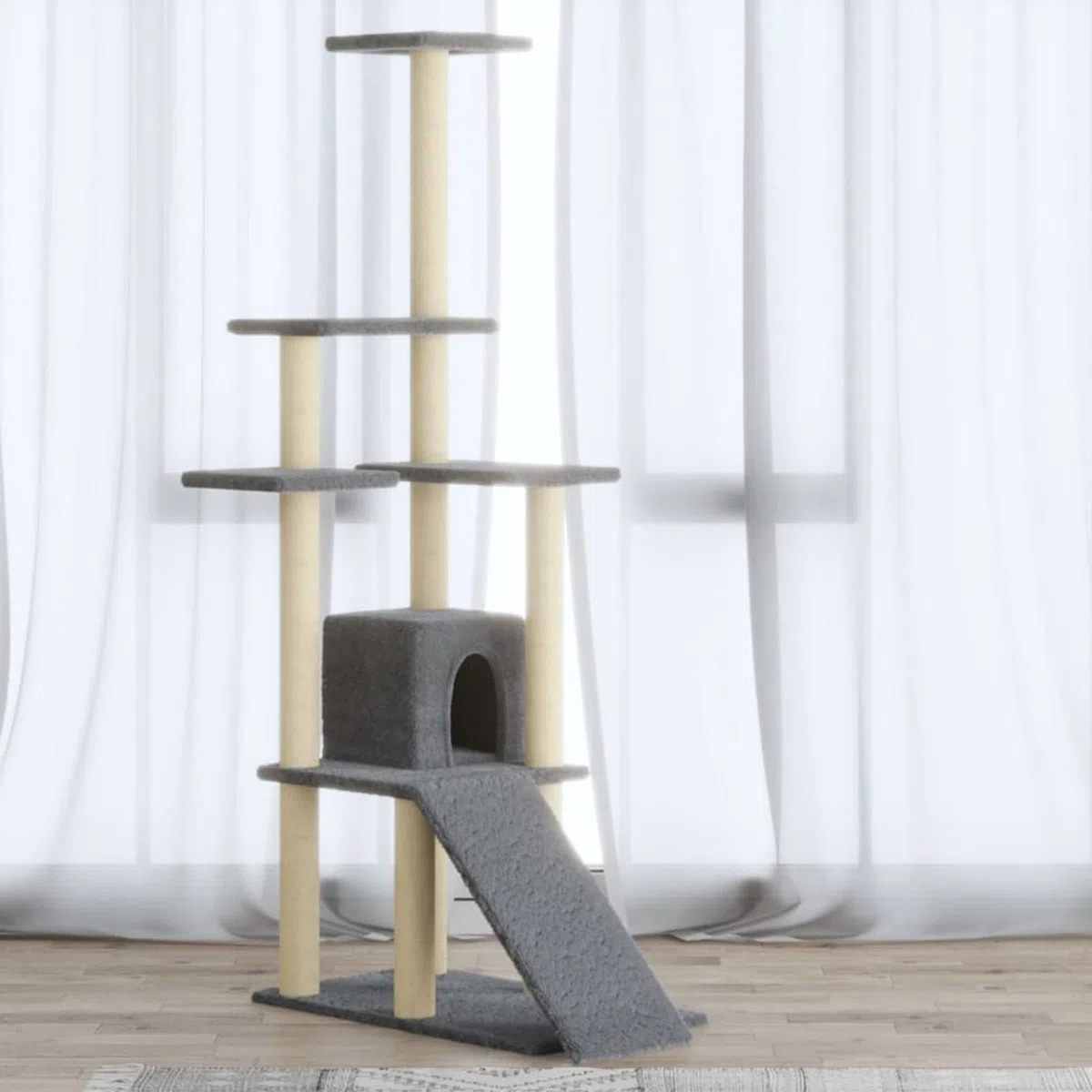 Rascador para Gatos con Postes de sisal, LAPOOH Arbol para Gatos, Gatos Accesorios, Arranhador para Gatos, Arbol Rascador Gatos, Gris Claro 155 cm