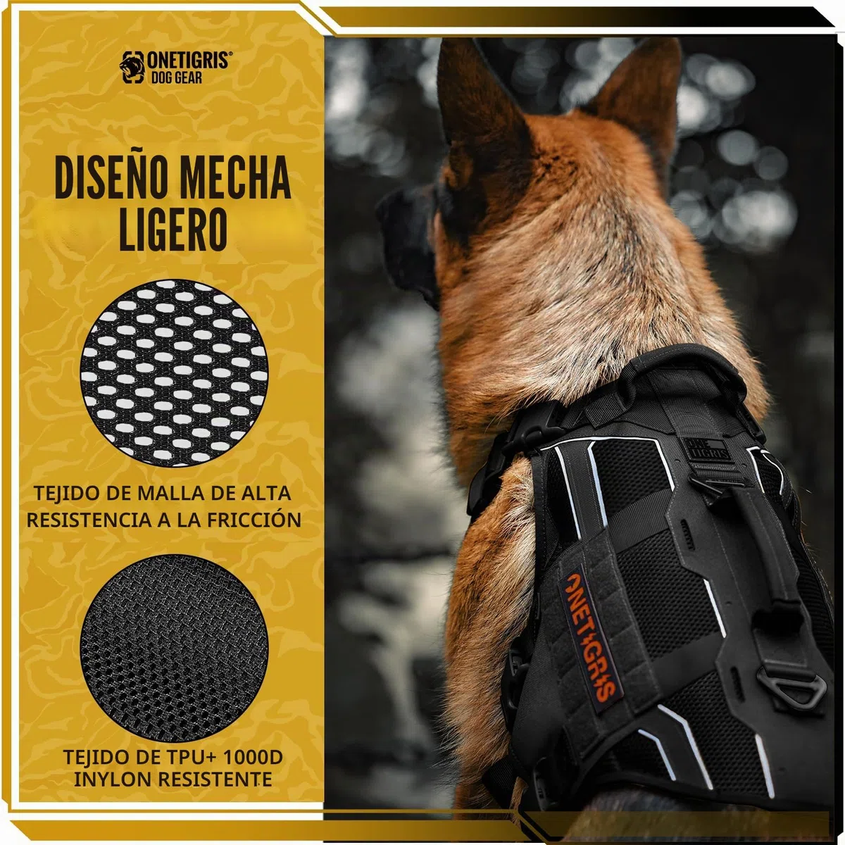OneTigris Arnés Pecho Antitirones Perros, Aire Armor Mesh Arnés Perro Reflectante Ajustable, Táctica Arnes Perro Grande Mediano, con 2 Asas y 3 Anillos, con Sistema Molle - Negro L