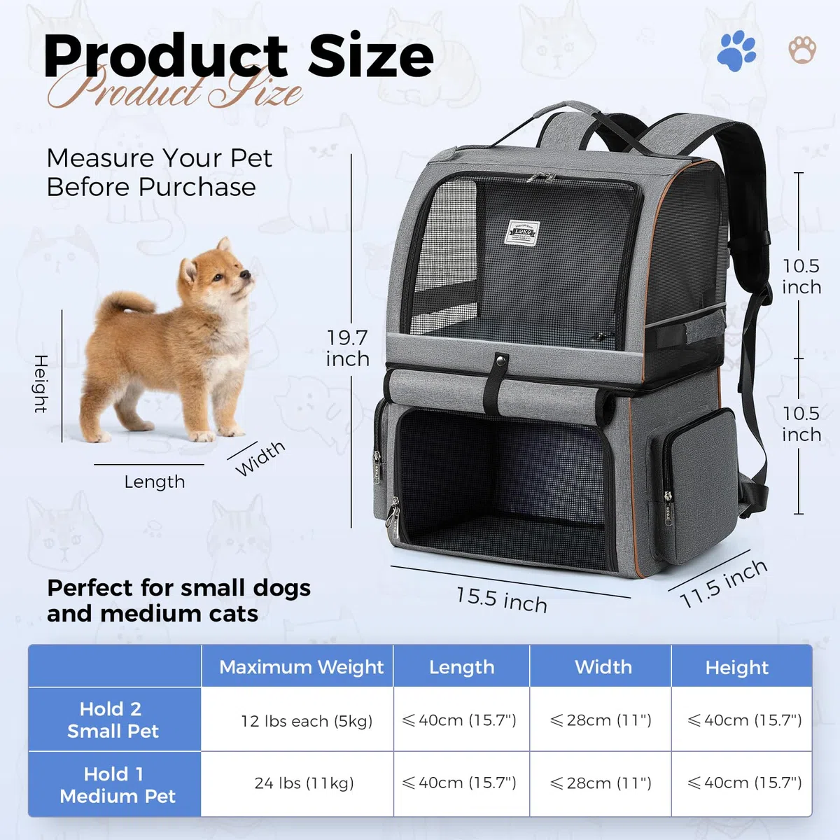 Lekesky Transportador doble para gatos para 2 gatos, mochila para mascotas para 2 mascotas, mochila de doble compartimento para mascotas para dos gatos pequeños o un perro mediano, mochila