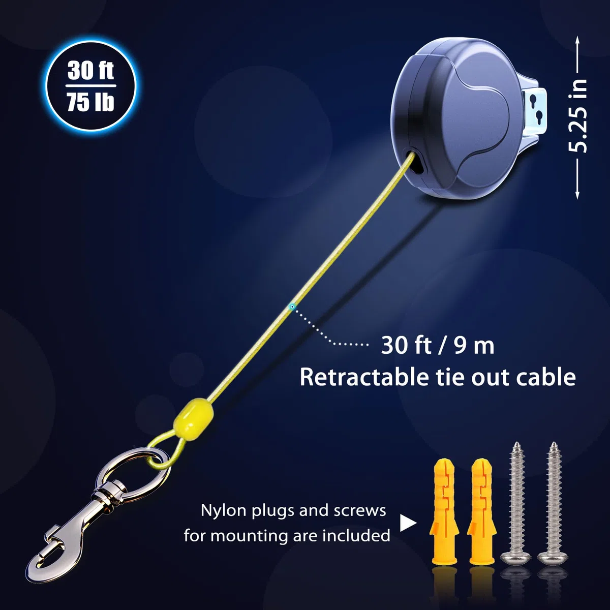 Cable retráctil de 9 Metros para Perros pequeños a Grandes de Entre 9 y 34 kg, Correa retráctil patentada Ideal para Patio y jardín, Duradera, para 70 000 ciclos (Negro, 9 Metros)