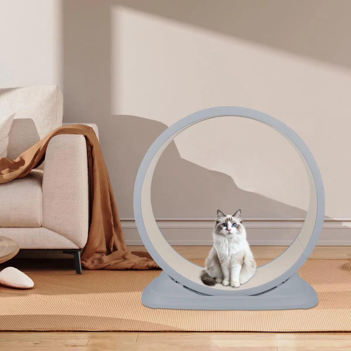 Rueda para gato grande, rueda de ejercicio silenciosa de ABS sólida, soporta hasta 15 kg, para gatos de interior activos, base antideslizante, fácil de montar y limpiar-gris