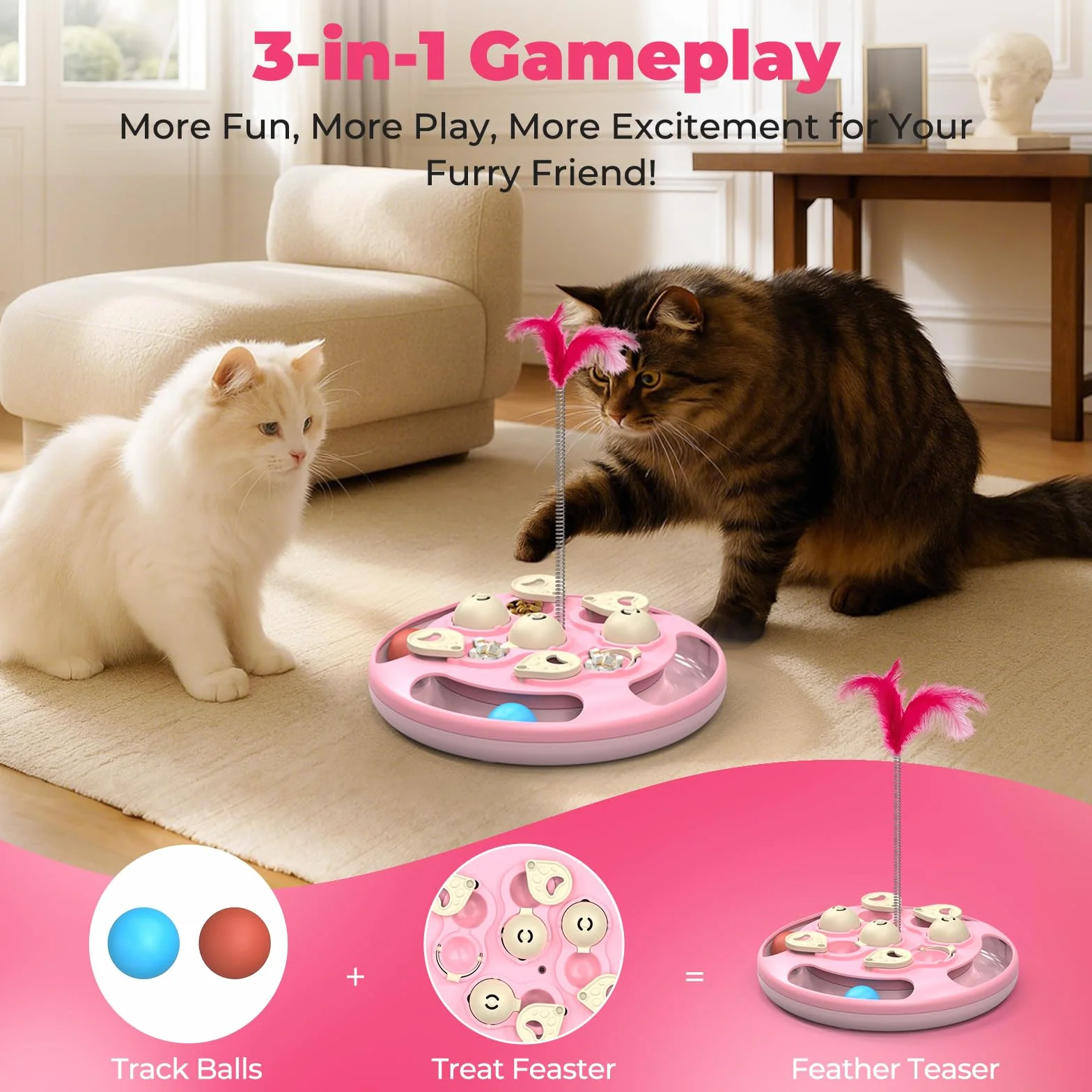 Juguetes y juegos de rompecabezas para gatos, nivel 3 en 1 con bolas de seguimiento, juguete de plumas y alimentador de golosinas, base antideslizante, par de enriquecimiento de estimulación