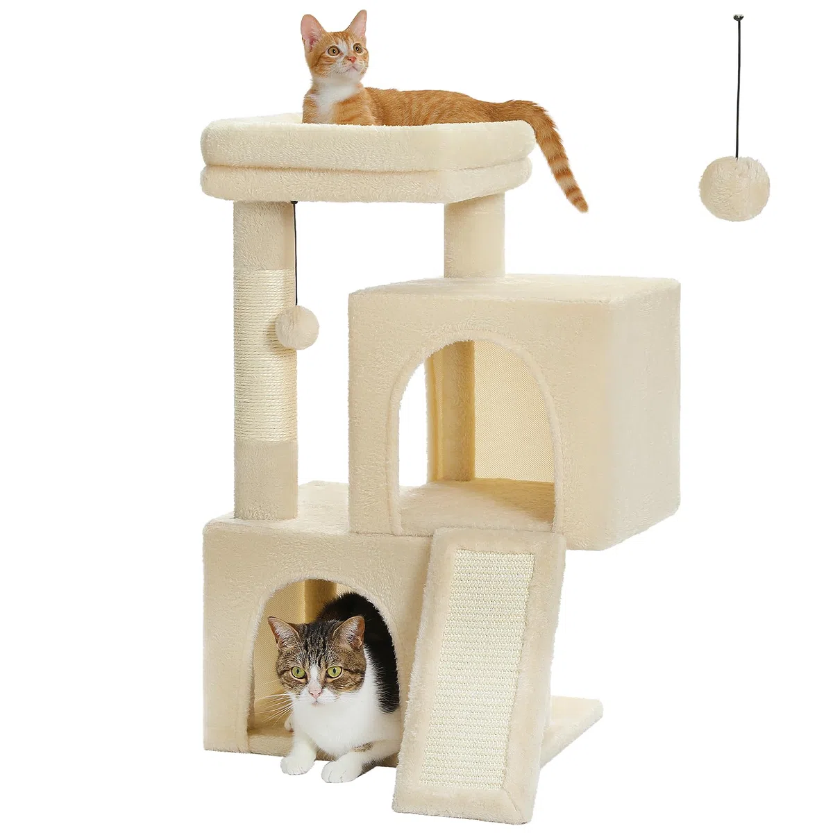 PETEPELA Rascador con doble condo para gatos de casa, casa todo en uno con barra acolchada, rampa y postes y bolas intercambiables, color beige