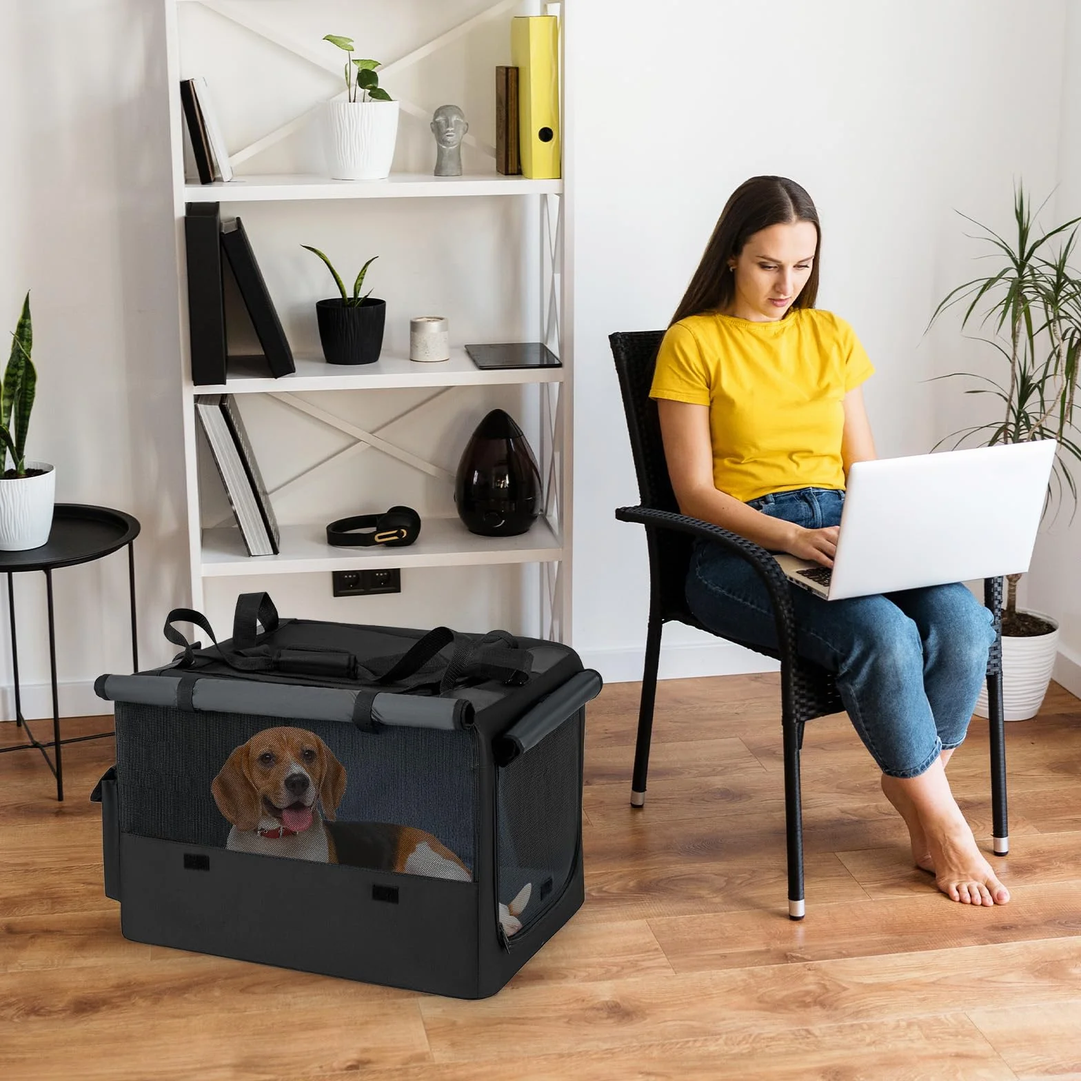 GOPLUS Transportín para Perros y Gatos Expansible, Bolsa Plegable con 5 Ventanas Transpirables, 2 Aperturas, Alfombrilla y Correa para el Transporte, Bolsa para Mascotas de Viaje (60x46x42cm)
