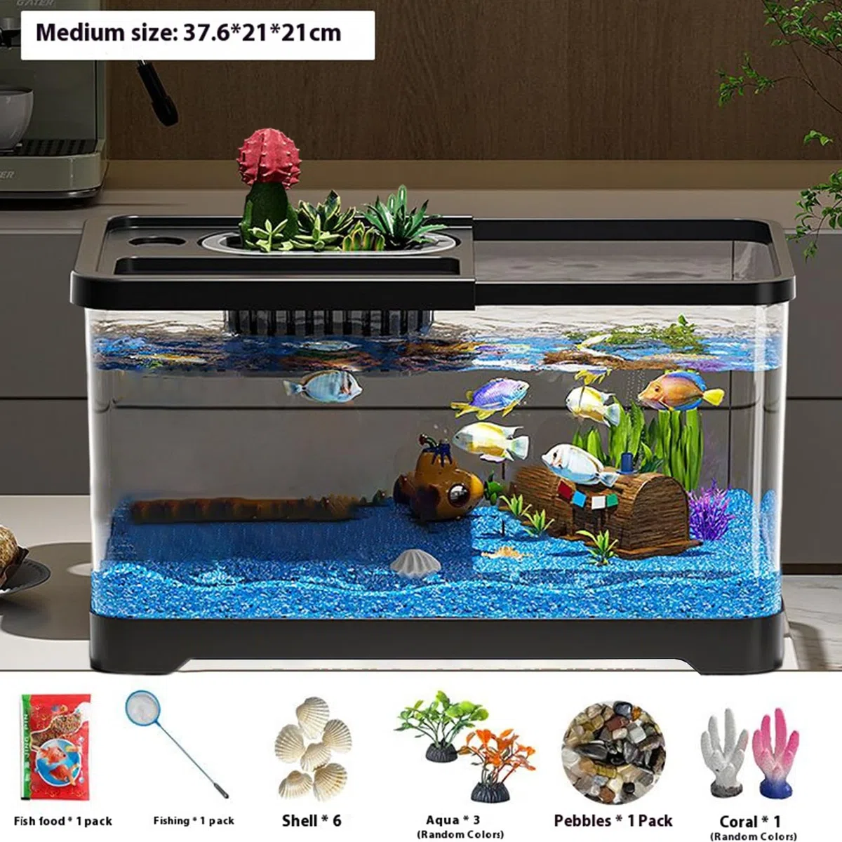 Kit de iniciación de pecera, Acuario de Vidrio con de Filtro, Tanque de con Accesorios de decoración de luz LED, Kit de Paisaje subacuático, Juego de Acuario de Vidrio Compacto para Sala