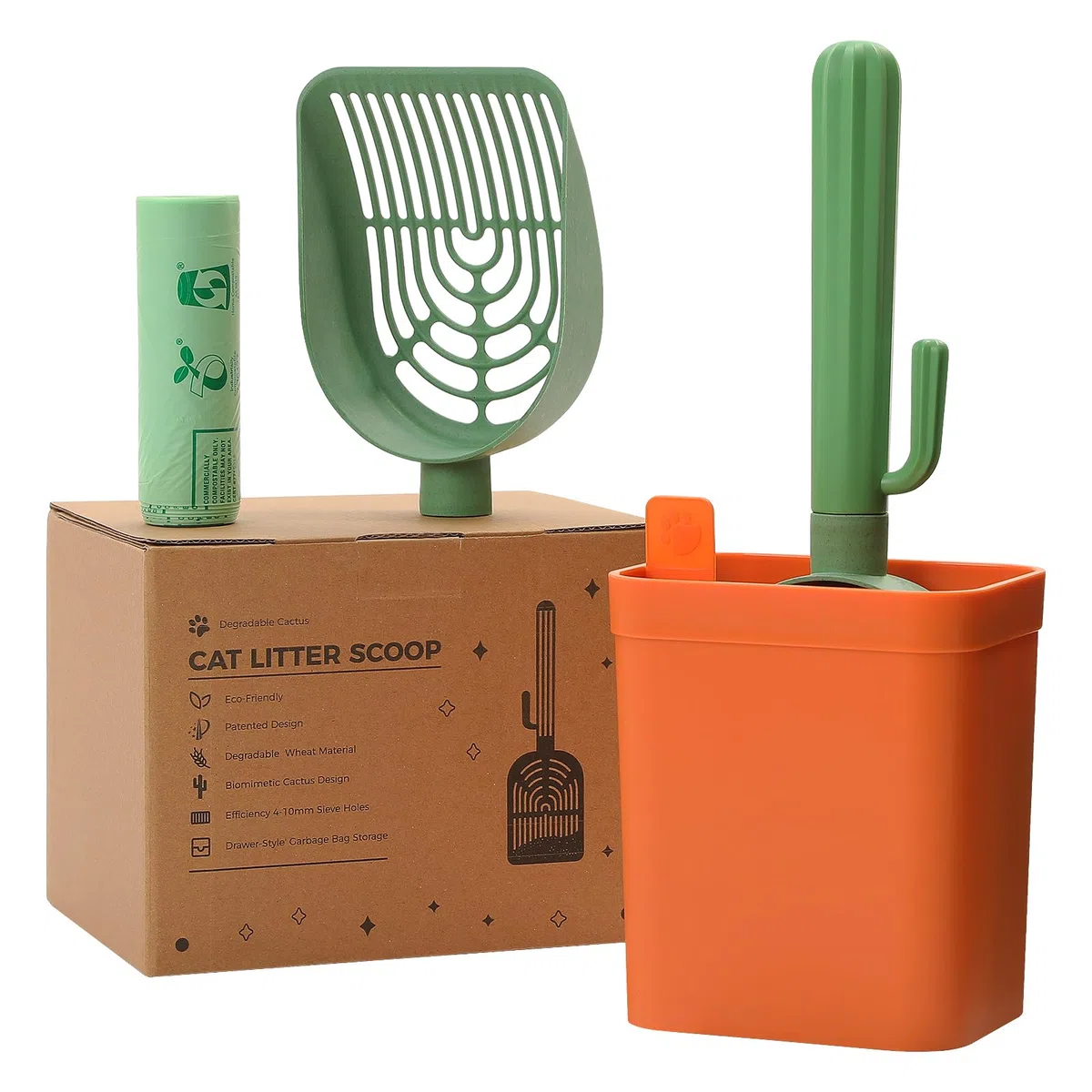 MUTTROS Cuchara de arena para gatos con 2 cucharas compostables reemplazables, pala de arena con soporte para caja de arena, el tamiz para gatos incluye 1 rollo de bolsas de arena para gatos y bolsa