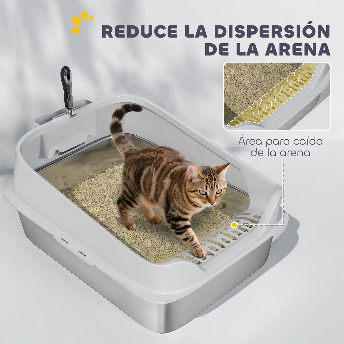 PawHut Arenero para Gatos de Acero Inoxidable XL, 60,2x40,2x29,7 cm, Gris | Caja de Arena para Gatos, Arenero con Borde Alto, Pala Metálica, Fácil de Limpiar, Prueba de Fugas
