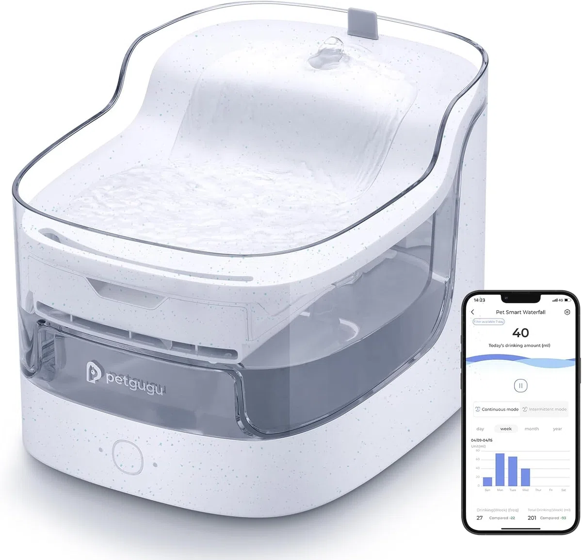 PETGUGU Fuente para Gatos Inteligente de 2L, Bebedero Gato Automático con Bomba Inalámbrica y Sensor, Filtro de 8 Capas, Fuente de Agua para Gatos Ultrasilenciosa con Conexión WiFi 2.4G