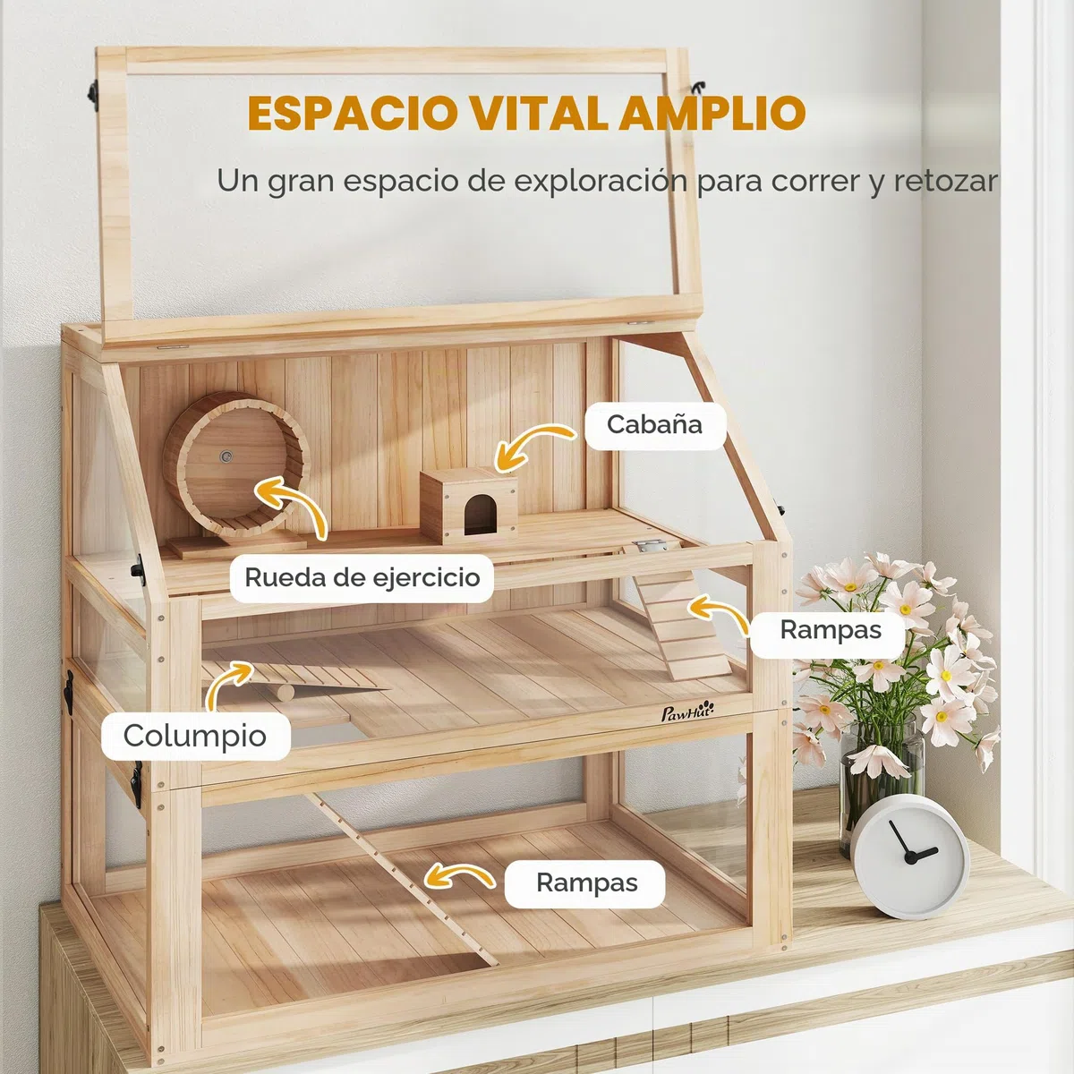 PawHut - Jaula para hámster de Madera, Jaula roedor de 3 Niveles, Base extraíble para una fácil Limpieza, Tapa Abierta, cabaña, Columpio, Rueda de Ejercicio y rampas, 80 x 50 x 76 cm, Madera Natural