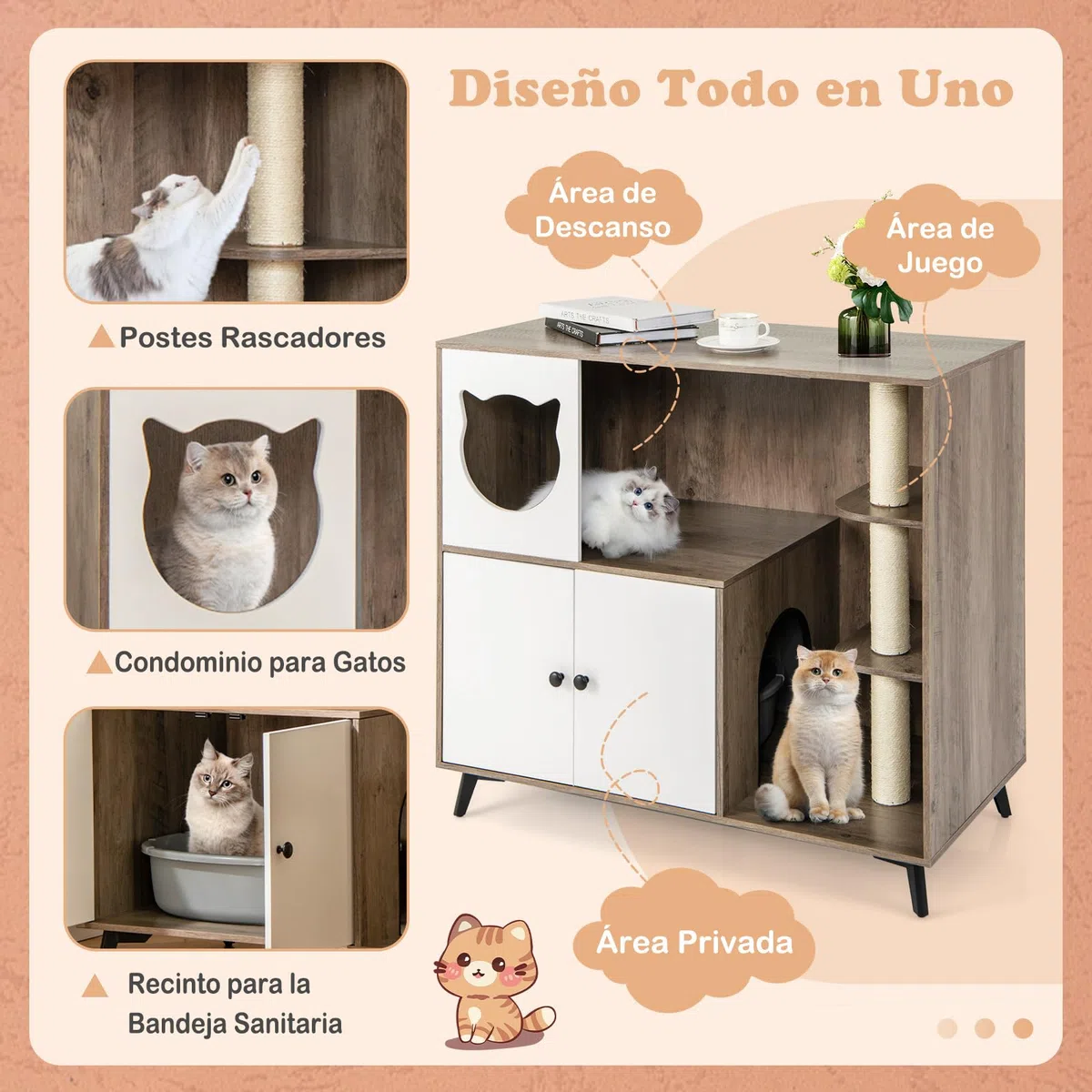 COSTWAY Mueble Arenero para Gatos con 3 Postes Rascadores de Sisal, Condominio para Gatos, Mueble para Caja de Arena 5 en 1 con Baño Oculto para Gato, Carga 30 kg, Gris y Blanco
