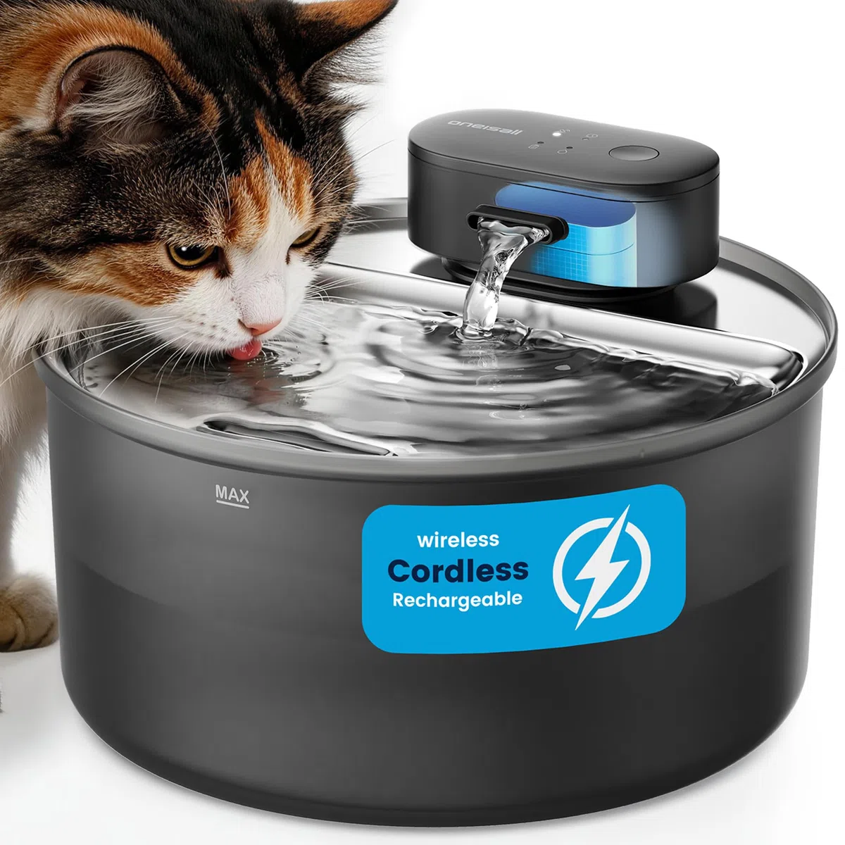 Fuente de agua para gatos con bandeja de acero inoxidable: 3,2 L oneisall Fuente inalámbrica para mascotas para gatos de interior, dispensador de agua automático a pilas para beber, ultra silencioso