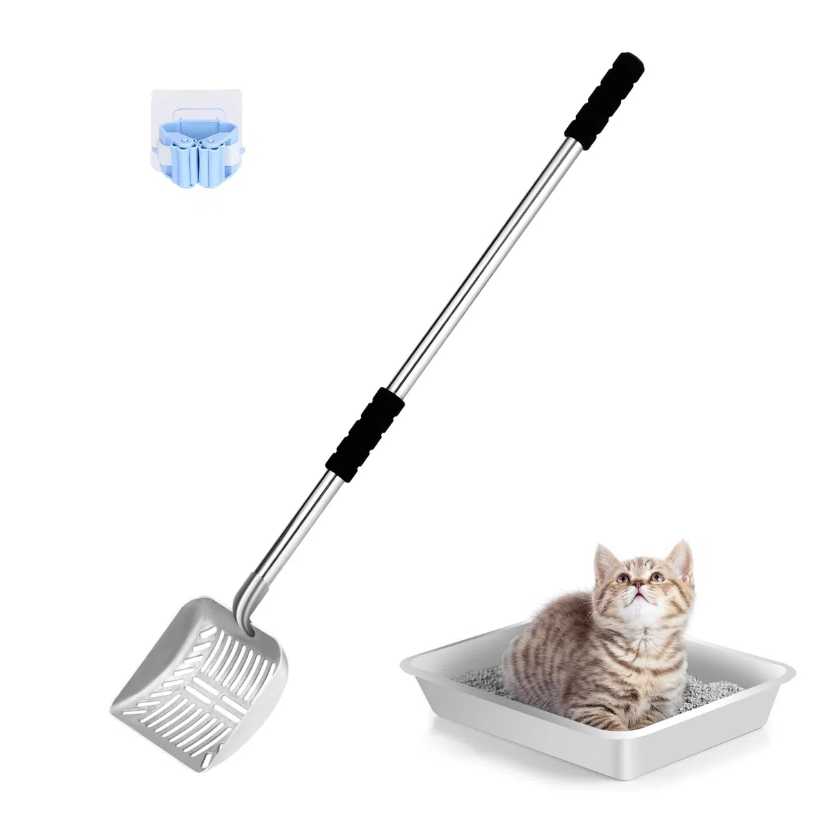 Cuchara de Arena para Gatos de Metal extraíble de Acero Inoxidable con Mango Largo, Pantalla Antiadherente con Mango Ajustable y Agarre Suave, Pala de Arena para Gatos y Mascotas con 1 Gancho
