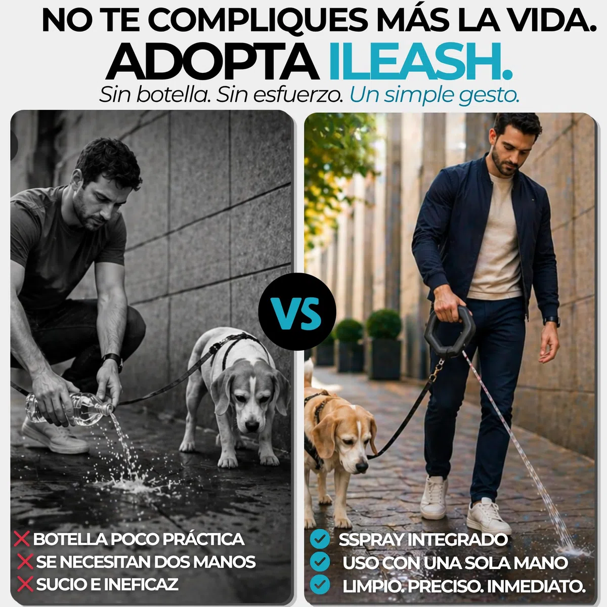 Correa para perros con pulverizador integrado iLeash – Depósito de agua de 85 ml, cuerda de 1 m incluida, para limpiar orina y orinar perro de paseo, antiolores, higiene urbana, sin botellas