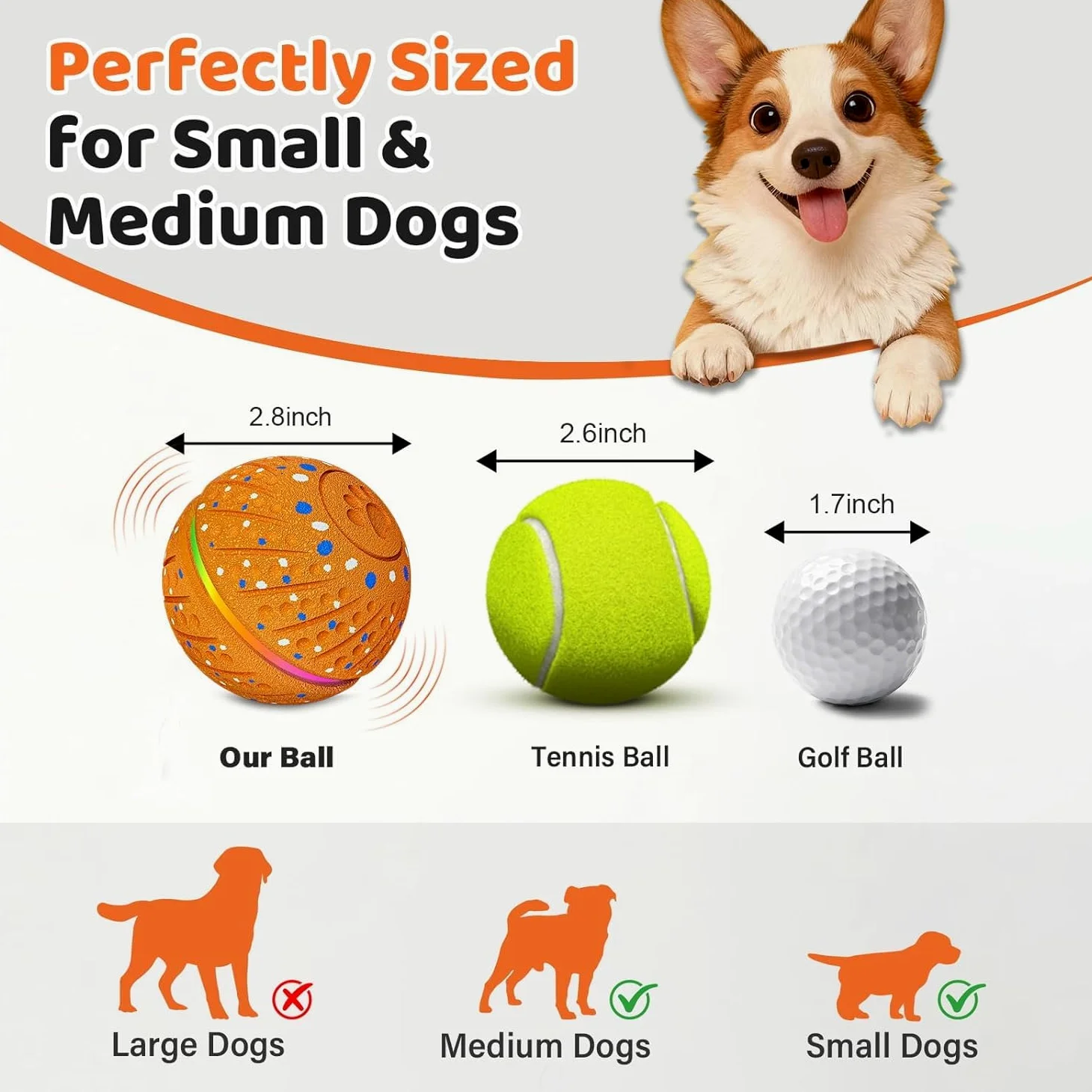 Pelota interactiva de juguetes para perros – Pelota inteligente para perros con luces coloridas, material E-TPU, 3 modos de juego, bolas rodantes automáticas, juguete para perros pequeños y medianos