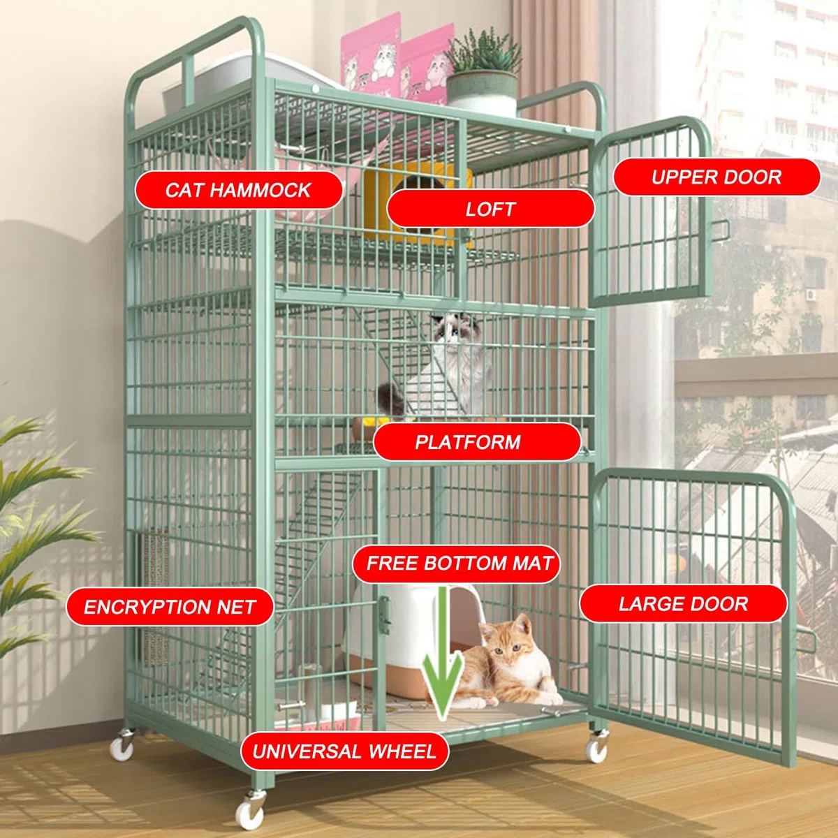 HARELA Jaula para Gatos, Parque de Metal para Gatos, Jaula para Gatos Grande Exterior/Interior, Perrera para 1-3 Gatos, Hurón, Conejo, Camping,Verde(70 * 55 * 112cm)