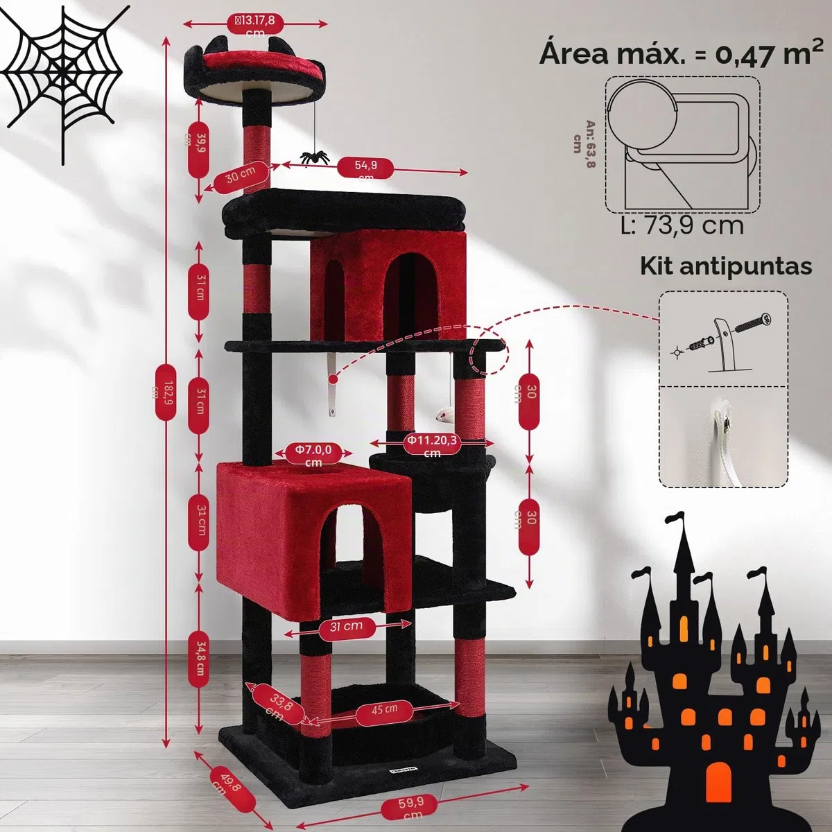Globlazer Árbol Rascador para Gatos Gótico Negro Rojo, Árboles para Gato Alto 183 cm con Cama Ataúd Nidos Plataformas Cesta, Clásico Torre para Gatos Grandes Adultos Descansar Jugar (S72, Gótico)