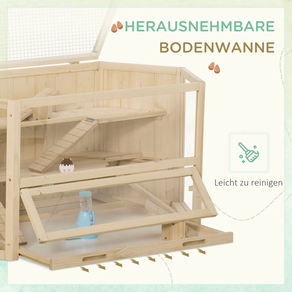 PawHut Jaula para Animales pequeños, Jaula para roedores, con rampa, balancín, Jaula Superior abatible Bandeja Inferior extraíble Madera de Abeto PS Natural 115 x 60 x 55 cm
