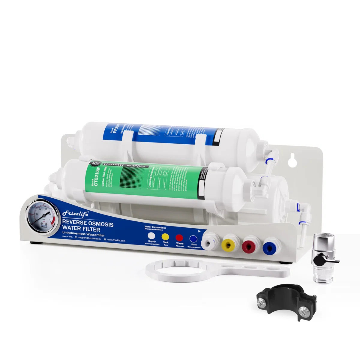 Frizzlife BFRO100 - Sistema de ósmosis inversa para acuario, 3 etapas, sistema de filtración de agua potable RO con manómetro, compacto, 100 GPD