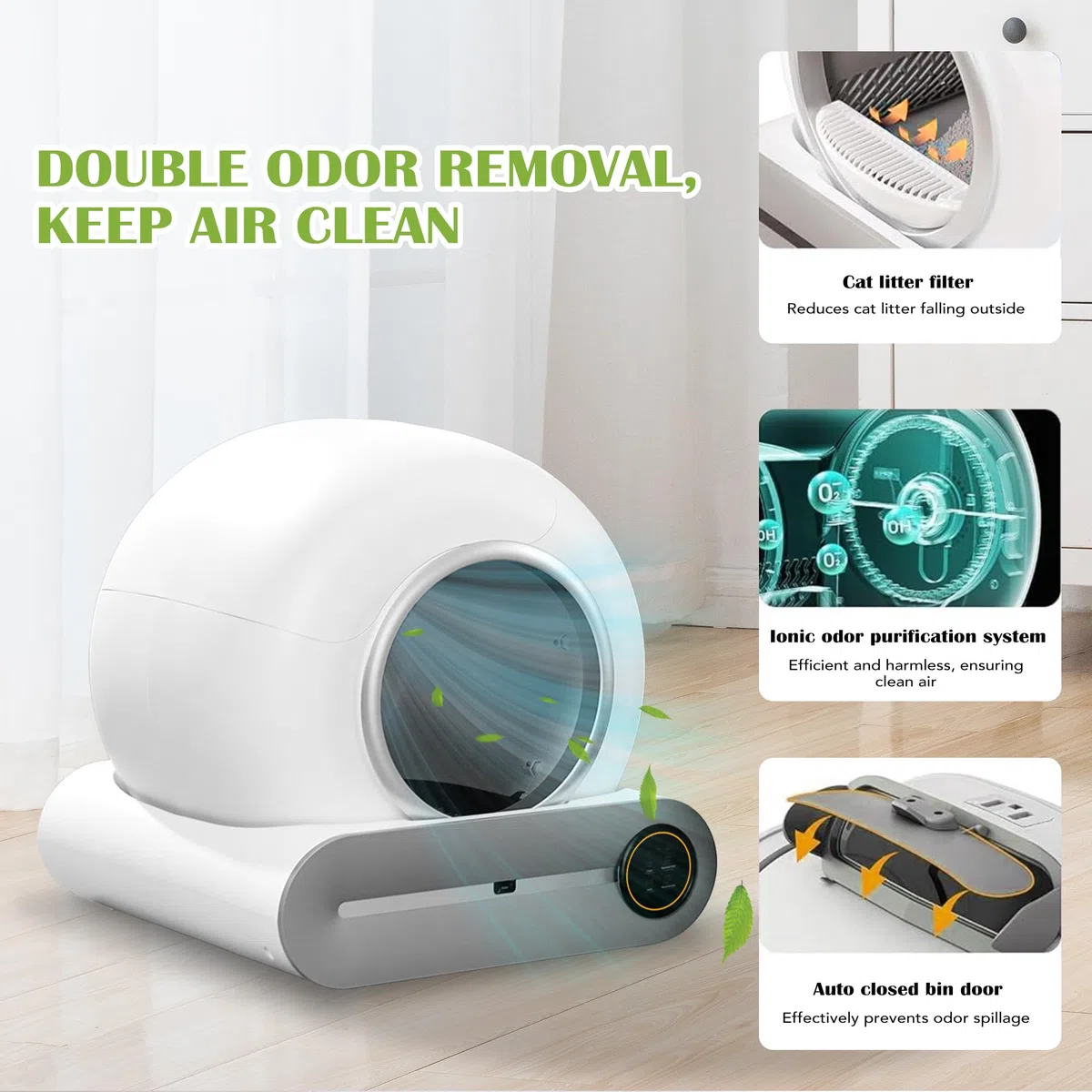 Caja de Arena Autolimpiable para Gatos Con Detector de Infrarrojos y Sensores de Peso, Eliminación de Olores, Gran Capacidad de 65 L + 9