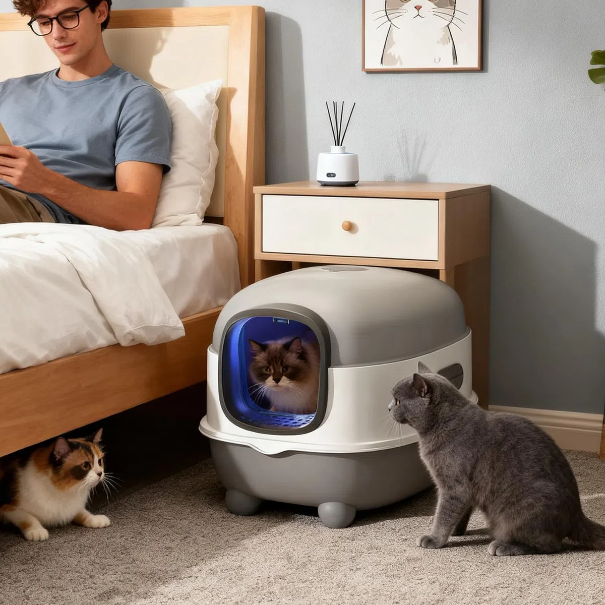 Arenero Autolimpiable Con Luz De Esterilización UV - PP Cerrado Gran Capacidad 56x39x40cm | Diseño Cubierto Para Varios Gatos Higiene Seguridad Reforzada Incluye Pala Limpia