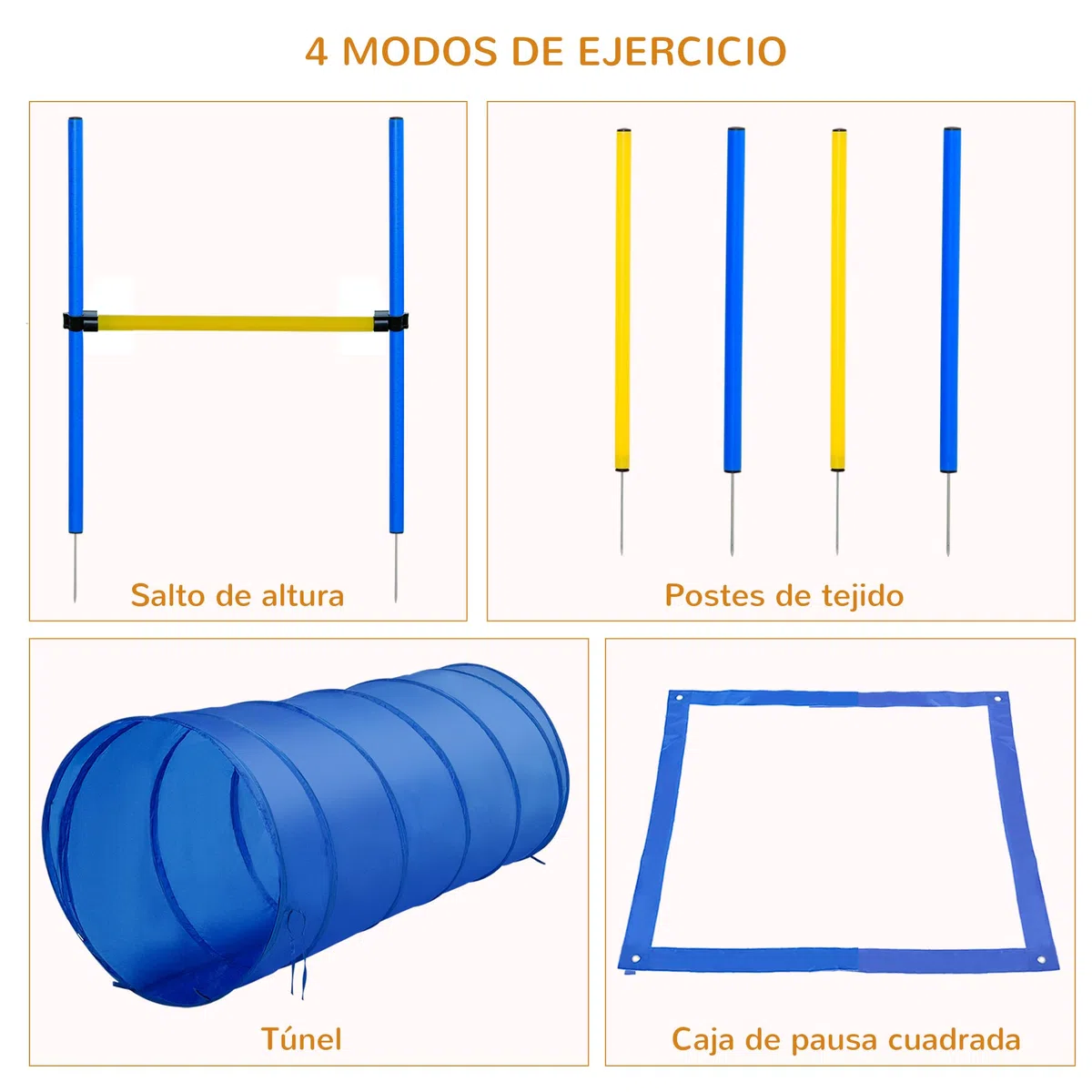 PawHut Set de Entrenamiento de Agilidad para Perros Obstáculos de Salto con Altura Ajustable Túnel para Perros y Bolsa de Transporte Azul y Amarillo
