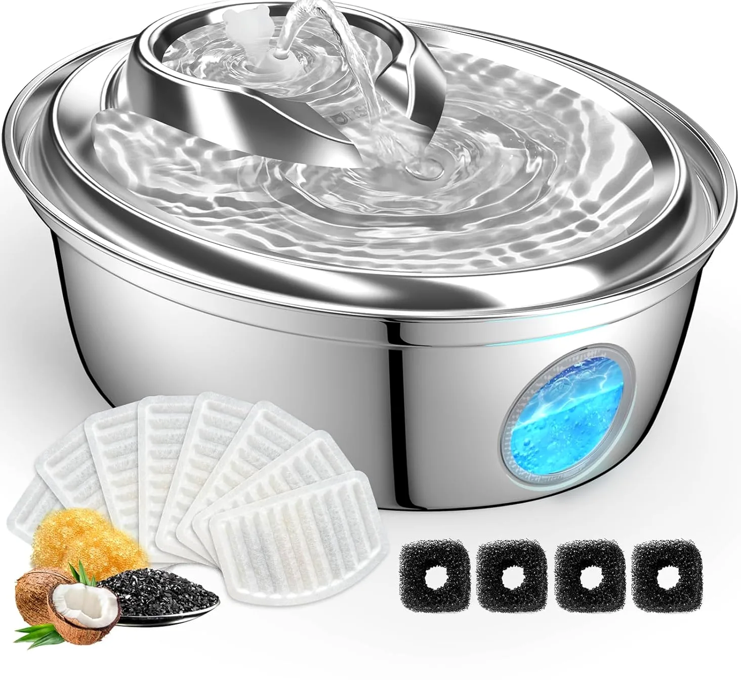 GoldenSun Fuente de agua automática para gatos, acero inoxidable, fuente de agua para gatos, 2 l, 12 filtros de carbón activo, apta para todos los tamaños de raza (D36)