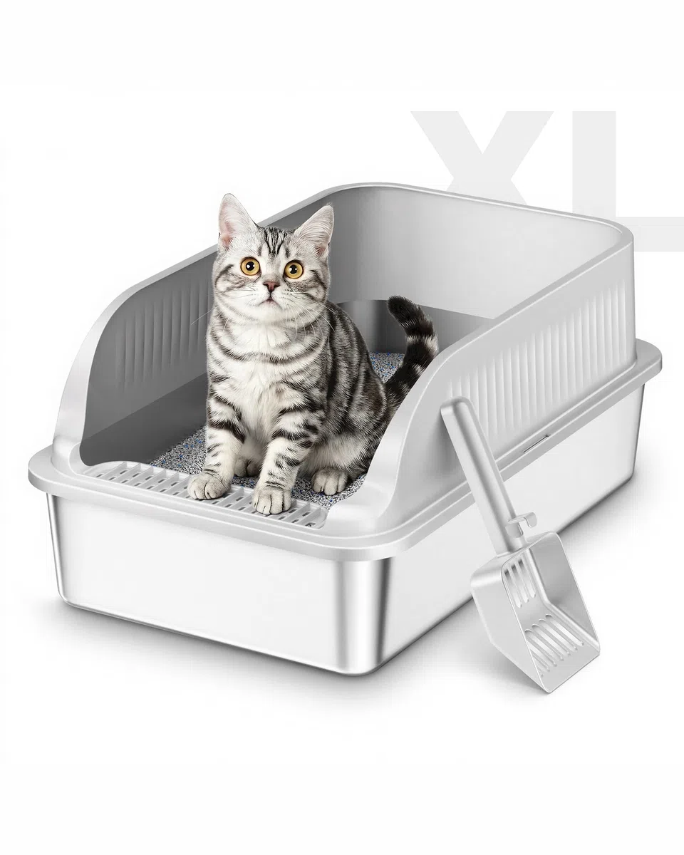 Arenero Gato Acero Inoxidable, Caja de Arenero para Gatos Grandes XXL con Pala, WC Gatos con Bordes Altos Desmontables, Antiadherente, Sin Olores y Fácil de Limpiar, Gris Claro