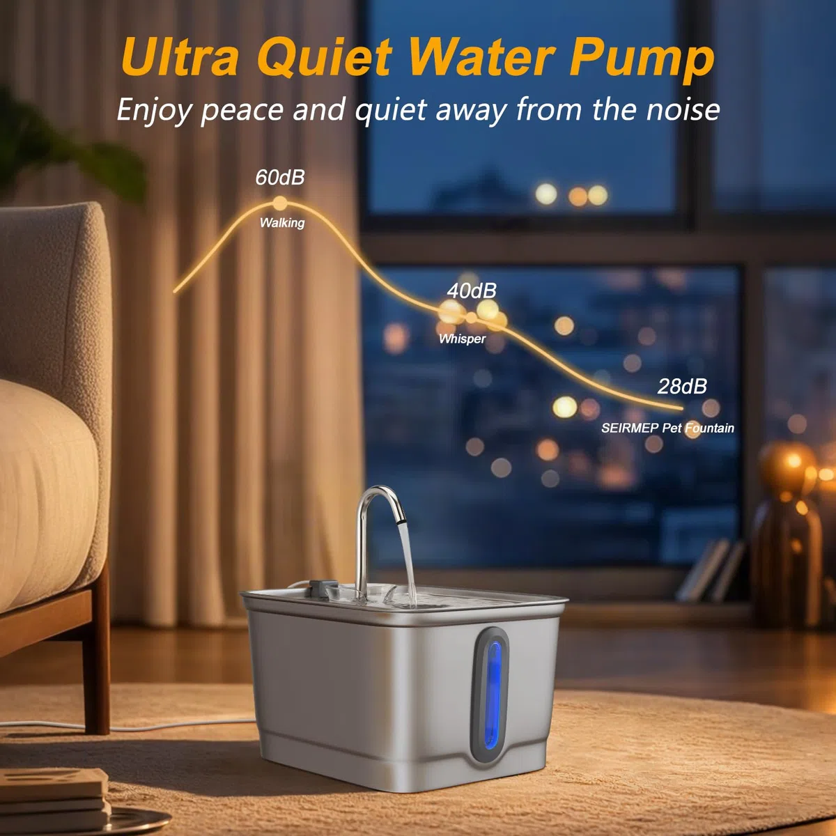 SEIRMEP Fuente de agua de acero inoxidable para gatos, fuente de agua automática para mascotas, fuente de agua para perros con filtros de repuesto para gatos, perros pequeños (8 filtros y 8 esponjas)