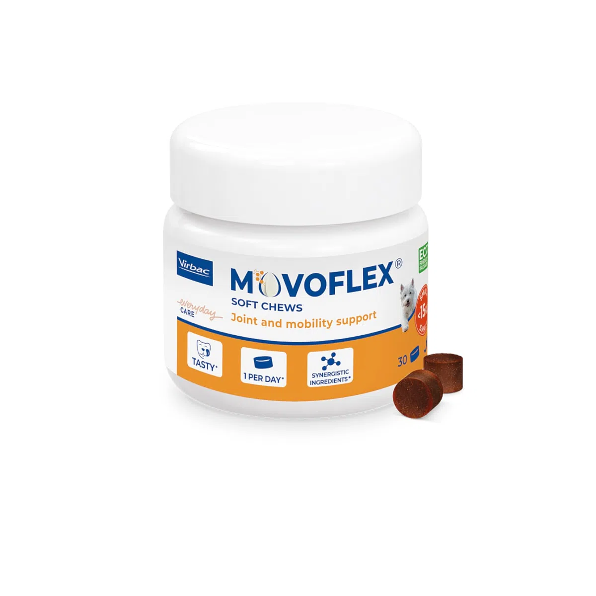 Virbac Movoflex Soft Chews | Paquete Doble | 2 x 30 Unidades | para Perros de Menos de 15 kg | Alimento complementario para apoyar la Salud Articular | para Mantener Las estructuras articulares