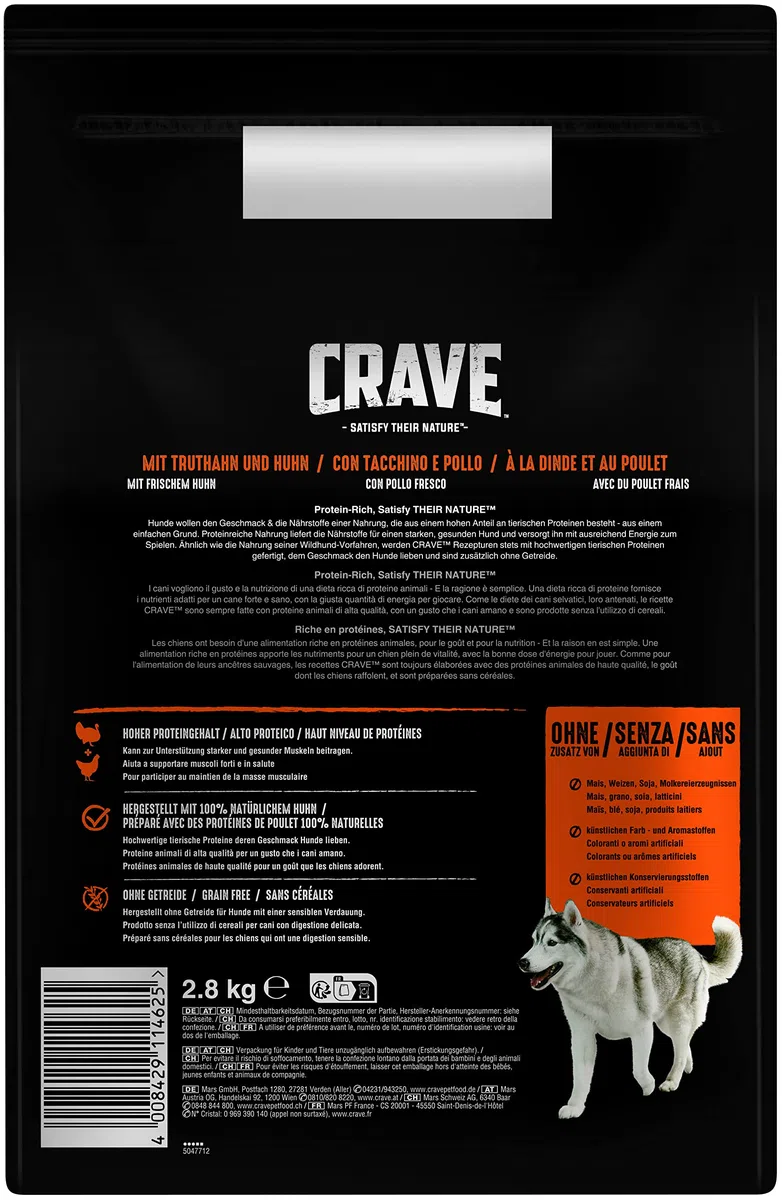 Crave Alimento seco para Adultos con Pavo y Pollo, 3 Bolsas de 3 x 2,8 kg, Comida para Perros Seca con Alto Contenido de proteínas y sin Cereales, Fabricada con Pollo 100% Natural