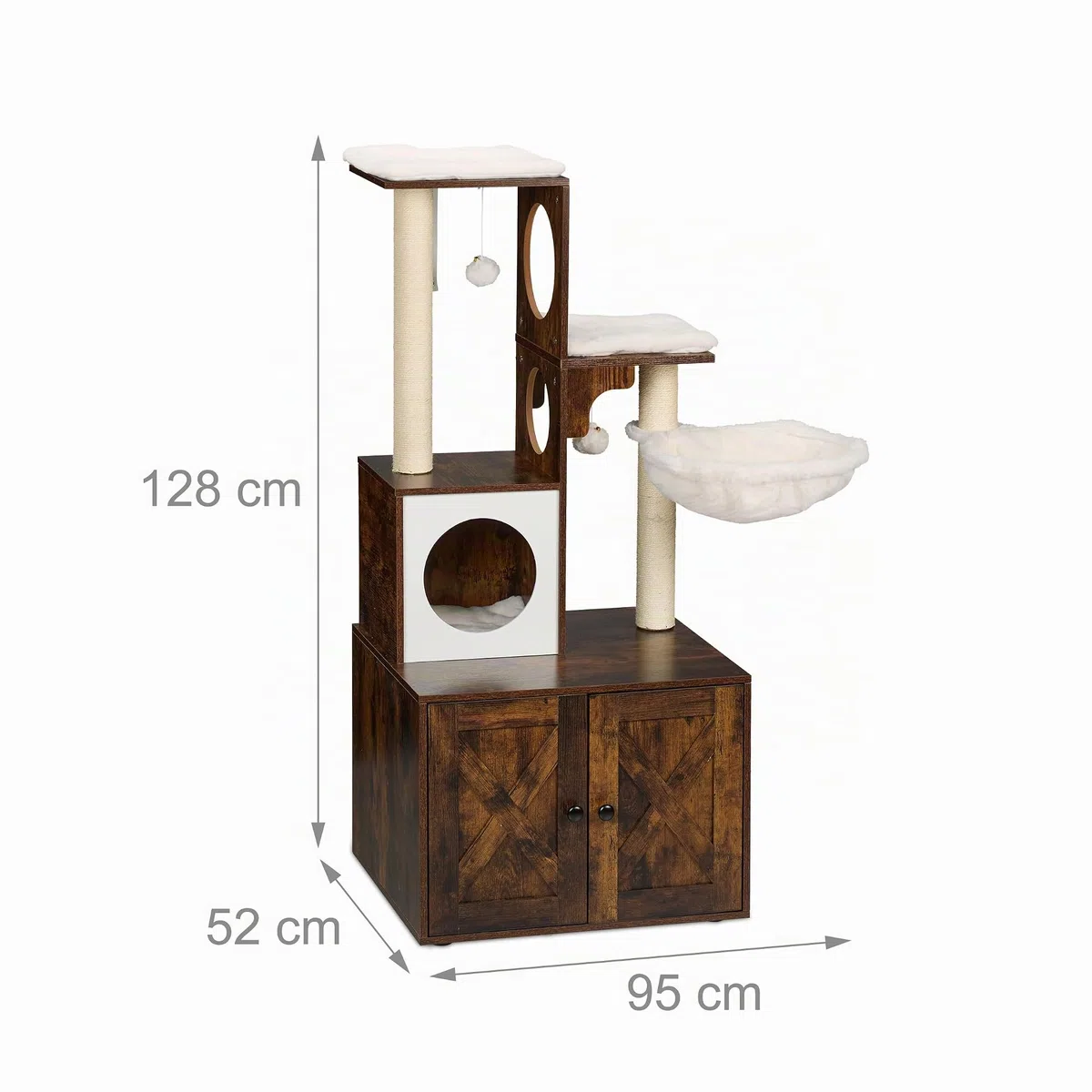 Relaxdays Mueble para Gatos con Rascador y Armario para Arenero, 128x95x52 cm, Torre con Poste de Sisal, Marrón y Blanco