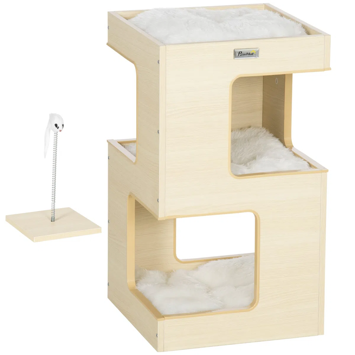 PawHut Cueva para Gatos, Armario para Gatos de 3 Niveles con Cojines, cabaña para Gatos, casa para Gatos con Juguete Falso de ratón, Muebles para Gatos, Interior, Roble, 34 x 34 x 60 cm | Cama para gatos, tienda de campaña, casa para mascotas