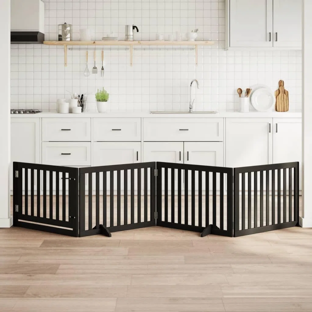 Puerta plegable para perros de 4 piezas con puerta de madera de álamo negro de 320 cm, independiente y compacta para interior y exterior, protección segura para cachorros y mascotas