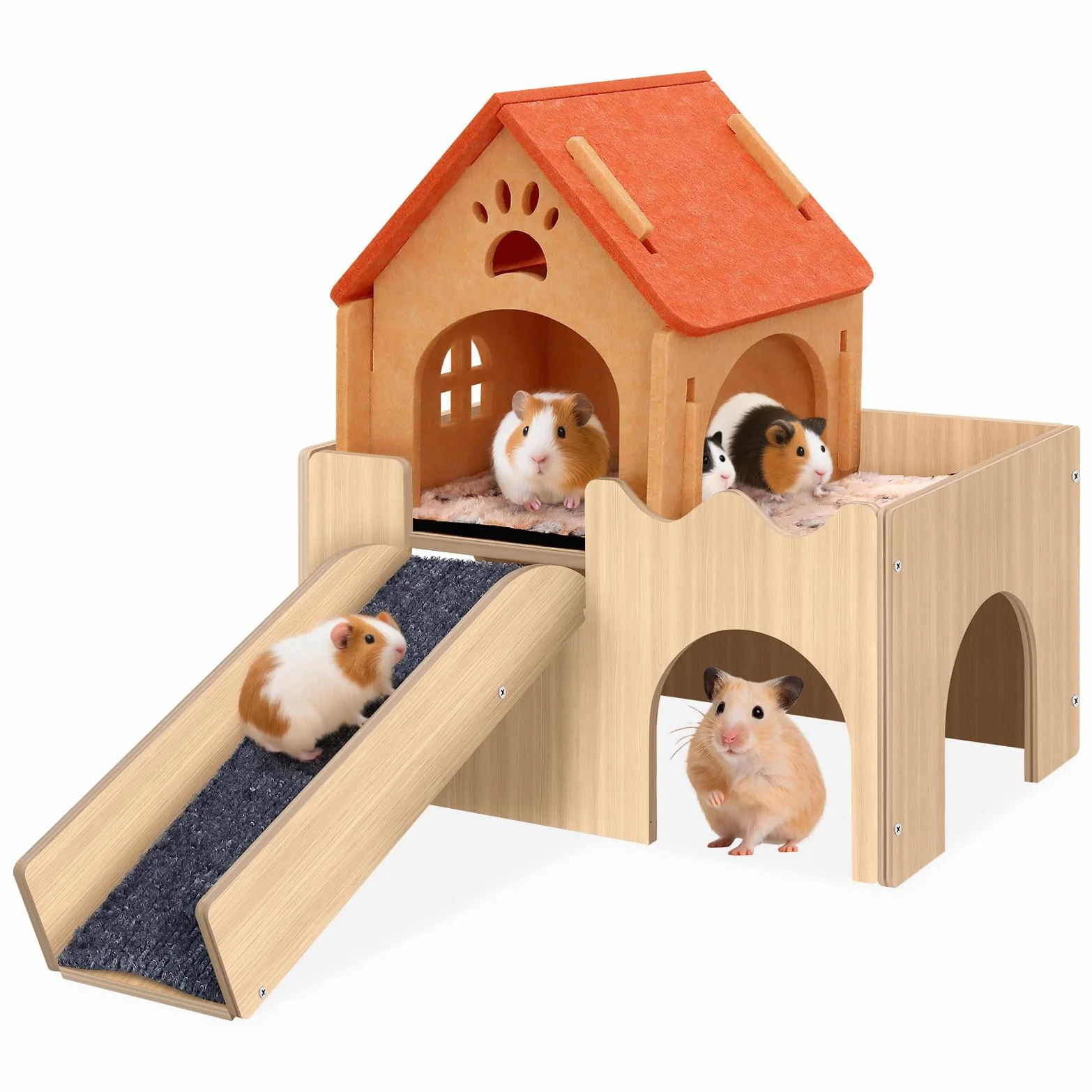 Mittimiya Casa 3-en-1 para Cobayas, Refugio de Madera para Hámsters con Plataforma y Escalera, Accesorio para Conejos y Animales Pequeños