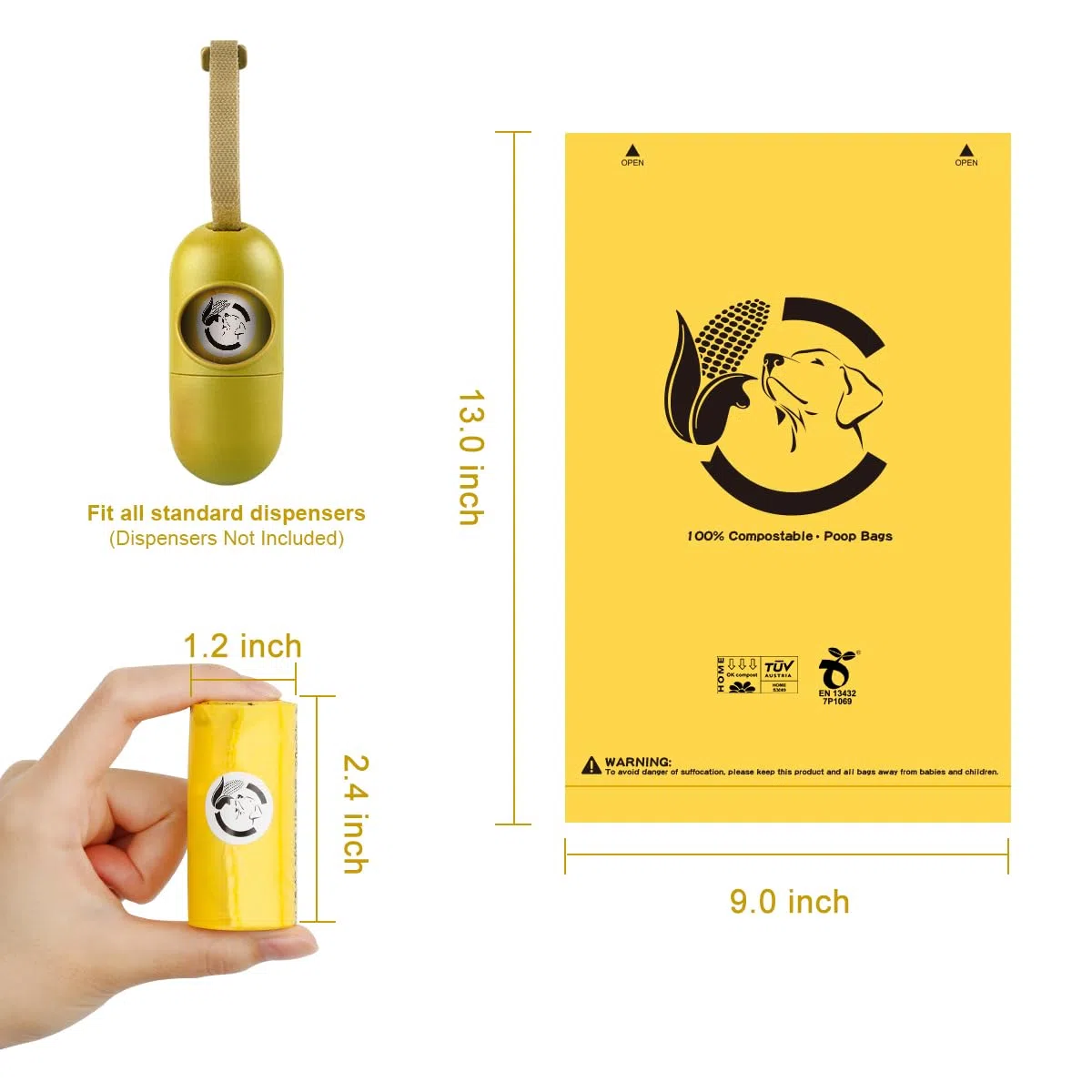 Bolsas compostables certificadas para excrementos de perro, 270 bolsas ecológicas y a prueba de fugas, bolsa de excrementos de perro 100% amarillo maíz fácil de abrir, 15 bolsas para perros por rollo