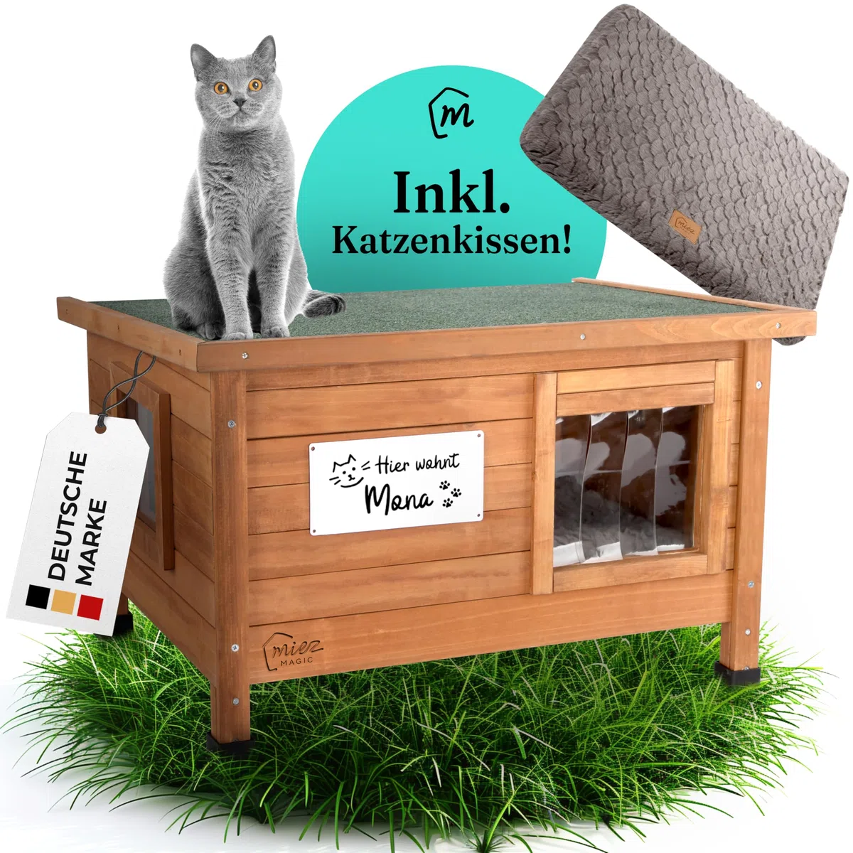 Casa para gatos exterior resistente al invierno aislada, robusta casa para gatos de madera de abeto, resistente al agua y aislada con bisagra en el techo, cómoda cabaña para gatos, incluye