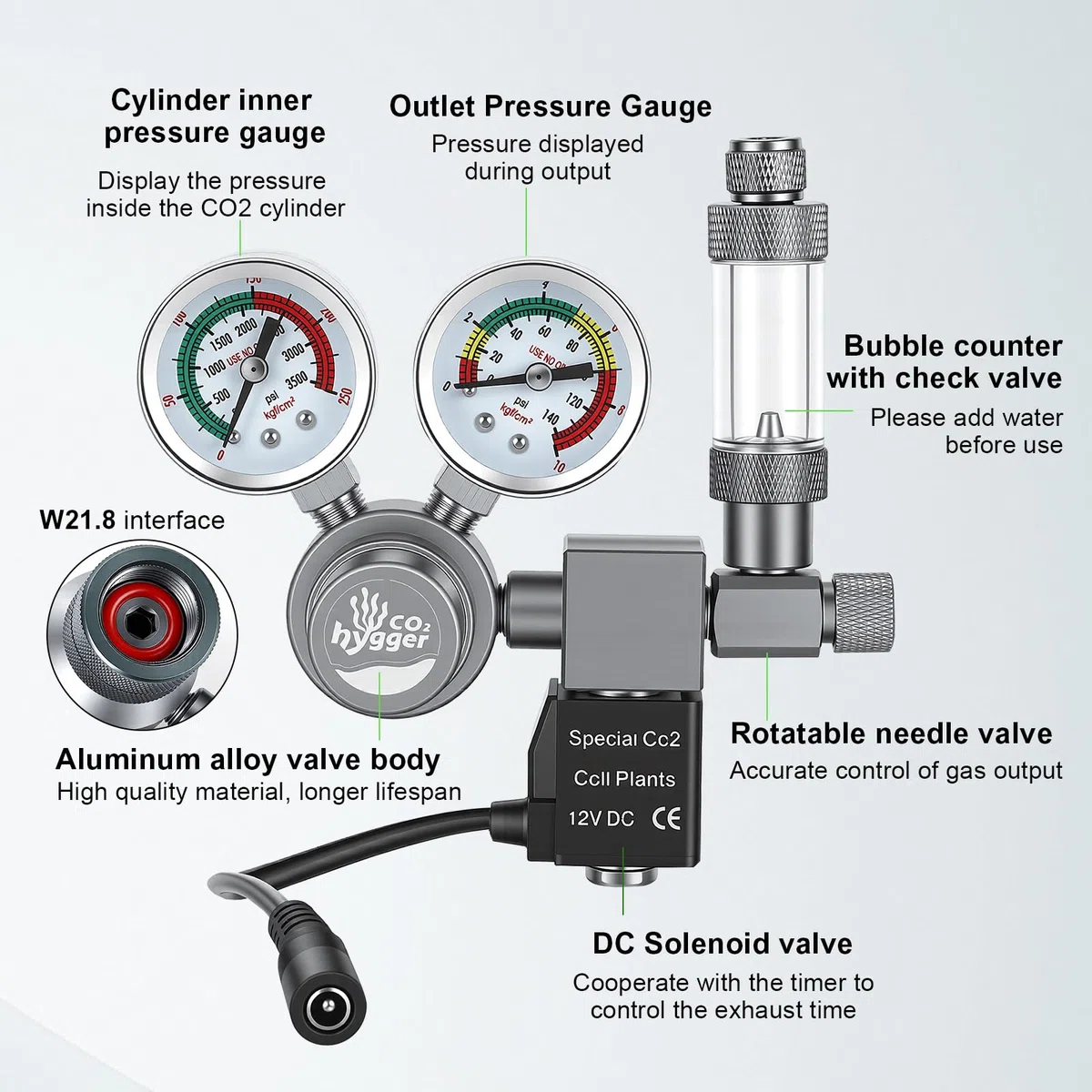 Regulador co2 Acuario DC Solenoide,co2 Regulator para Acuario Calibre Doble | Display preciso doble calibre, contador burbujas con válvula retención, Válvula aguja giratoria control preciso la salida gas
