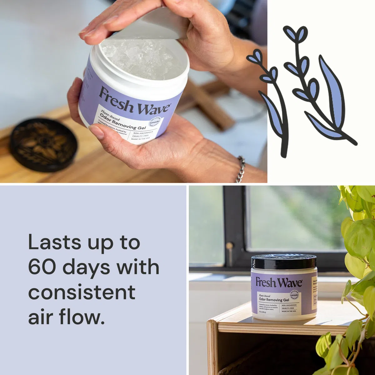 Fresh Wave Gel eliminador de olores de lavanda, 15 onzas, paquete de 2, absorbentes de olores más seguros para el hogar, eliminador de olores natural a base de plantas, cada 15 onzas, dura de 30 a 60
