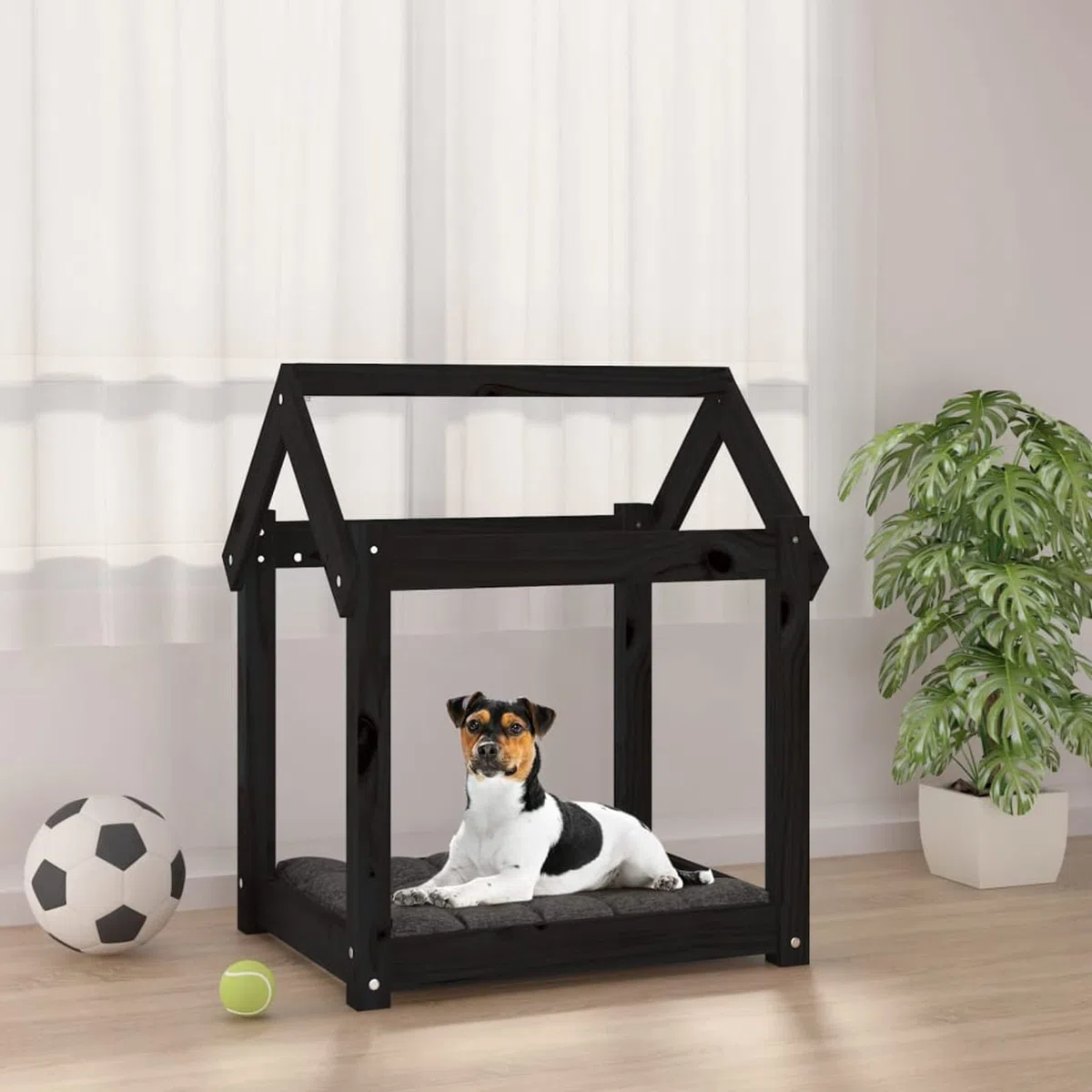 LAPOOH Cama para Perros Madera Maciza de Pino Negro 61x50x70 cm, Colchon Perro, Cuna Perro, Cama Mascota, Dog Bed, Cama para Perros Y Gatos