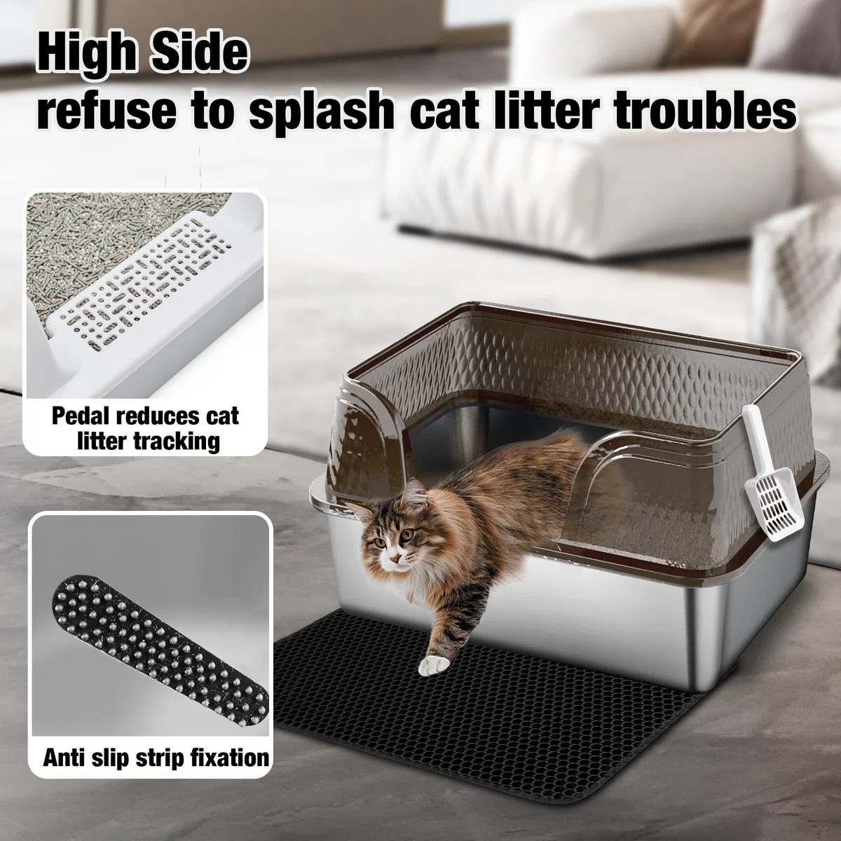 Suhaco Arenero para Gatos de Acero Inoxidable con Barrera (Negro XXL)