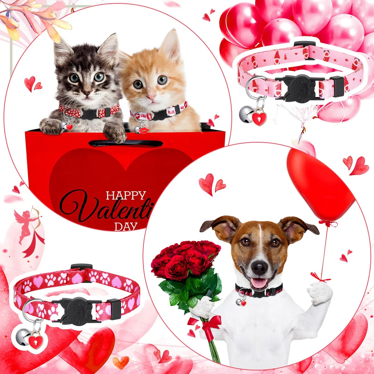 Huhumy 8 collares de gato de San Valentín ajustables con campana collares de gato con hebilla de plástico regalo para gatitos, mascotas, cachorros y perros